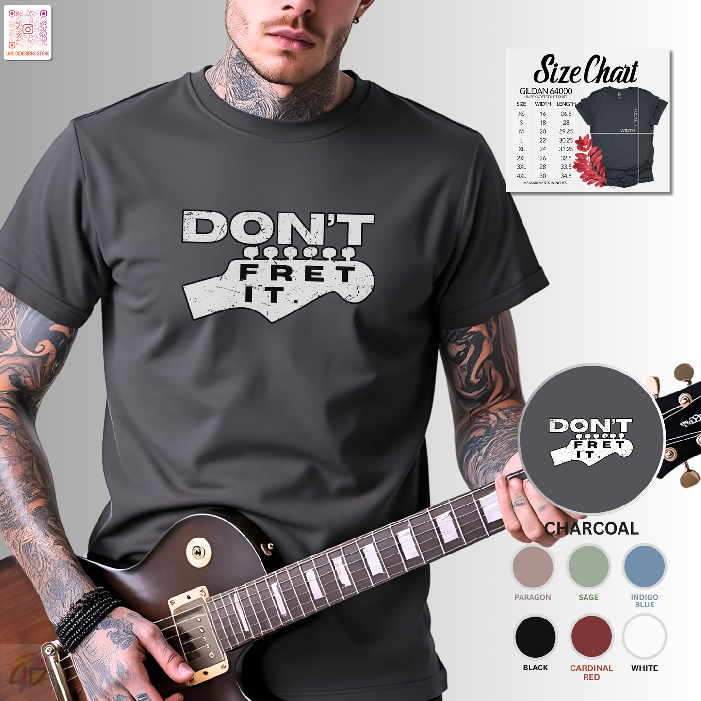 "Don't fret it" guitar headstock graphic tee.