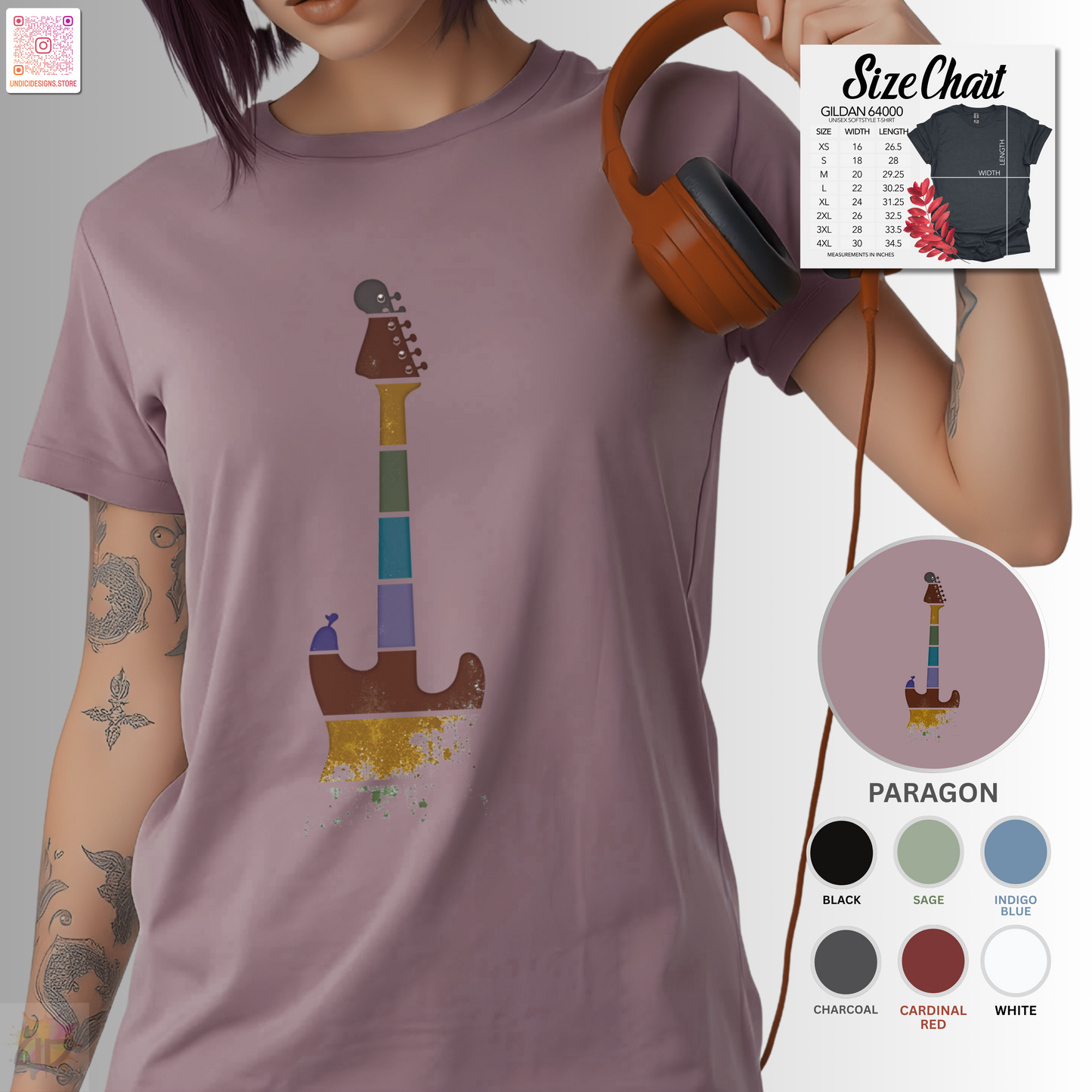 Retro sunset grunge strat style guitar silhouette graphic tee.