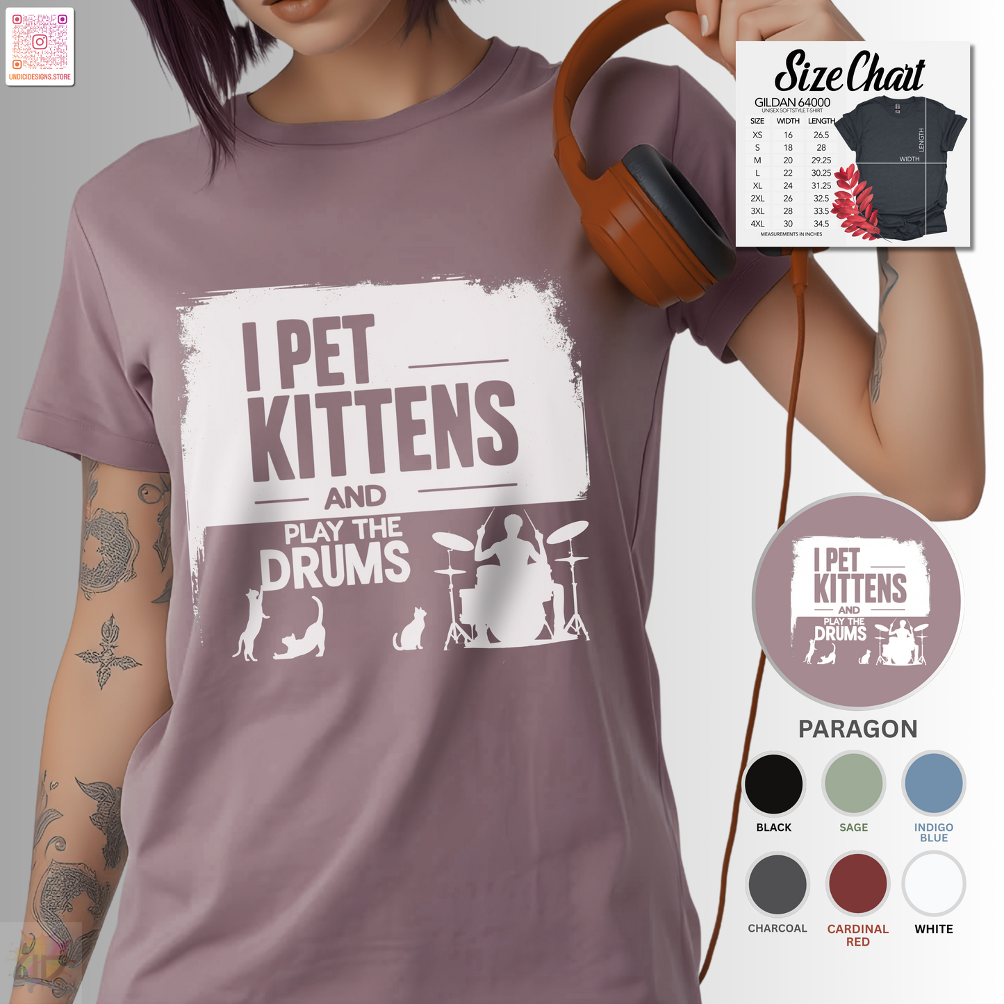 "I pet kittens and play the drums" in highlight graphic tee.