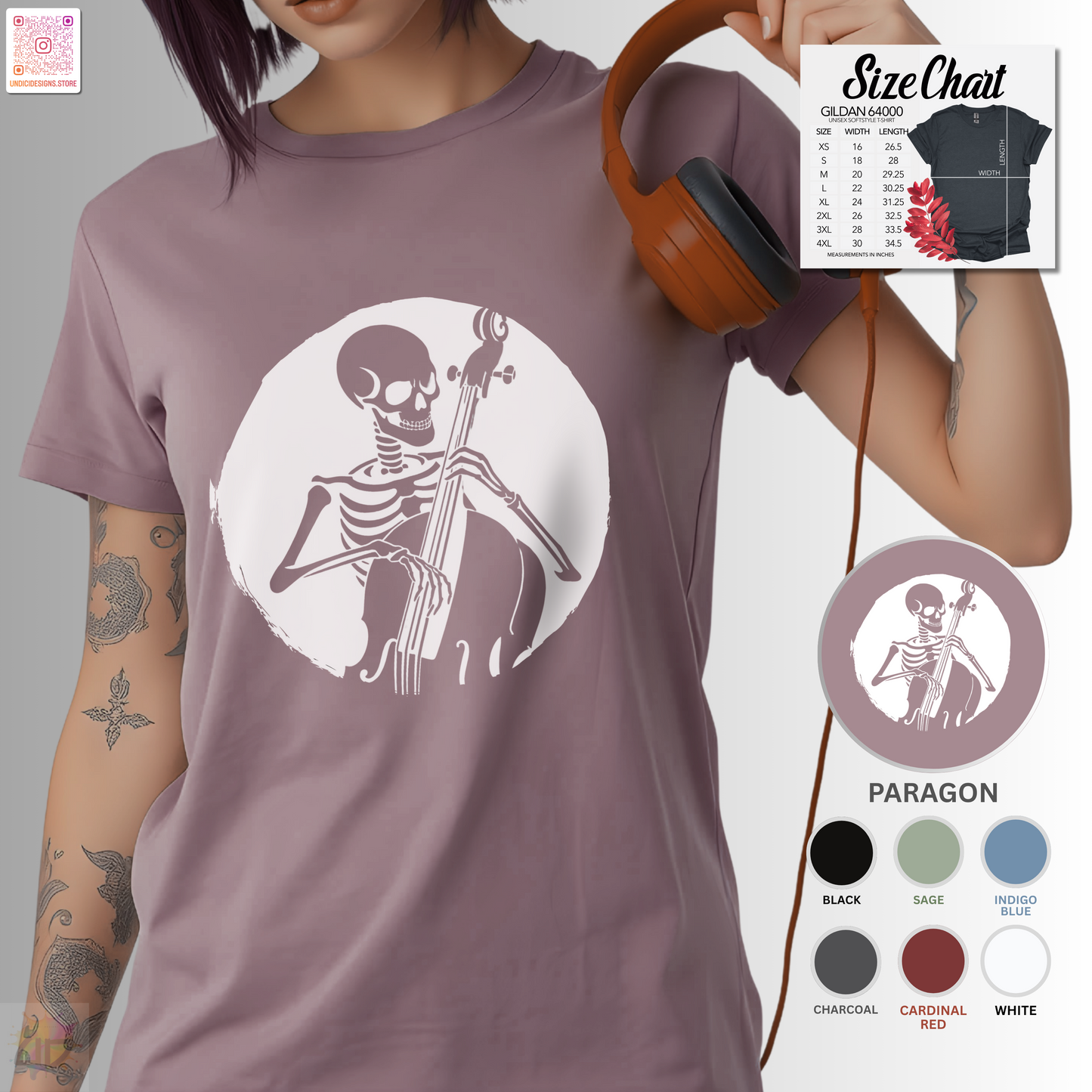 Skeleton silhouette playing upright bass in a circular background graphic tee.
