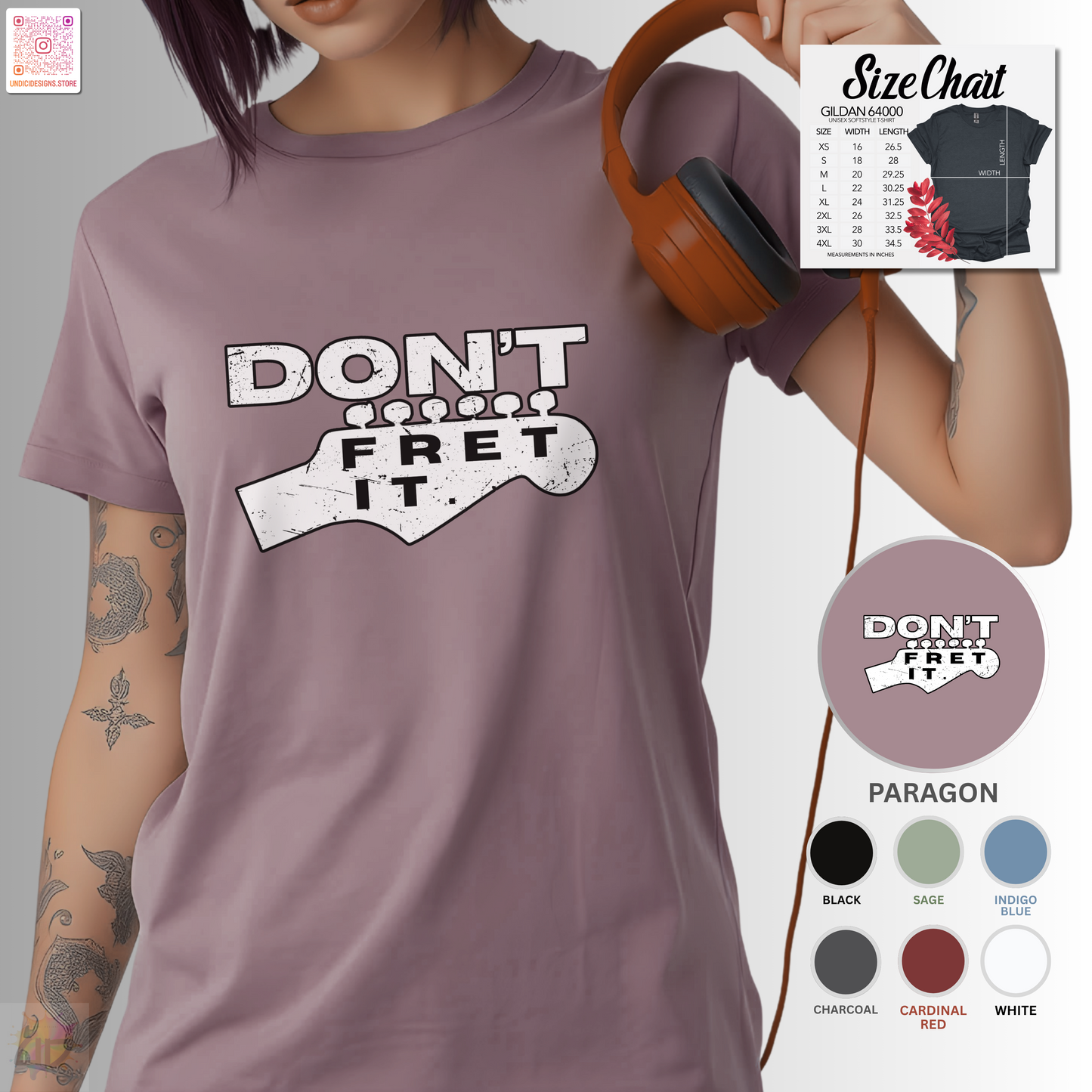 "Don't fret it" guitar headstock graphic tee.