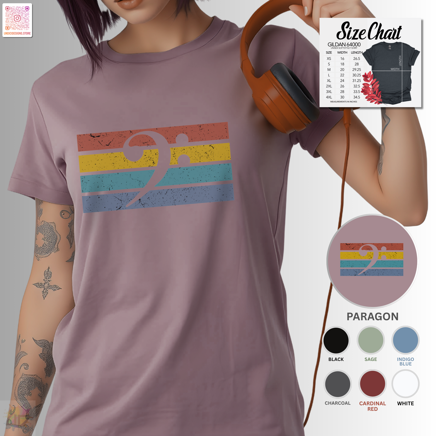 Bass clef on retro sunset graphic tee.