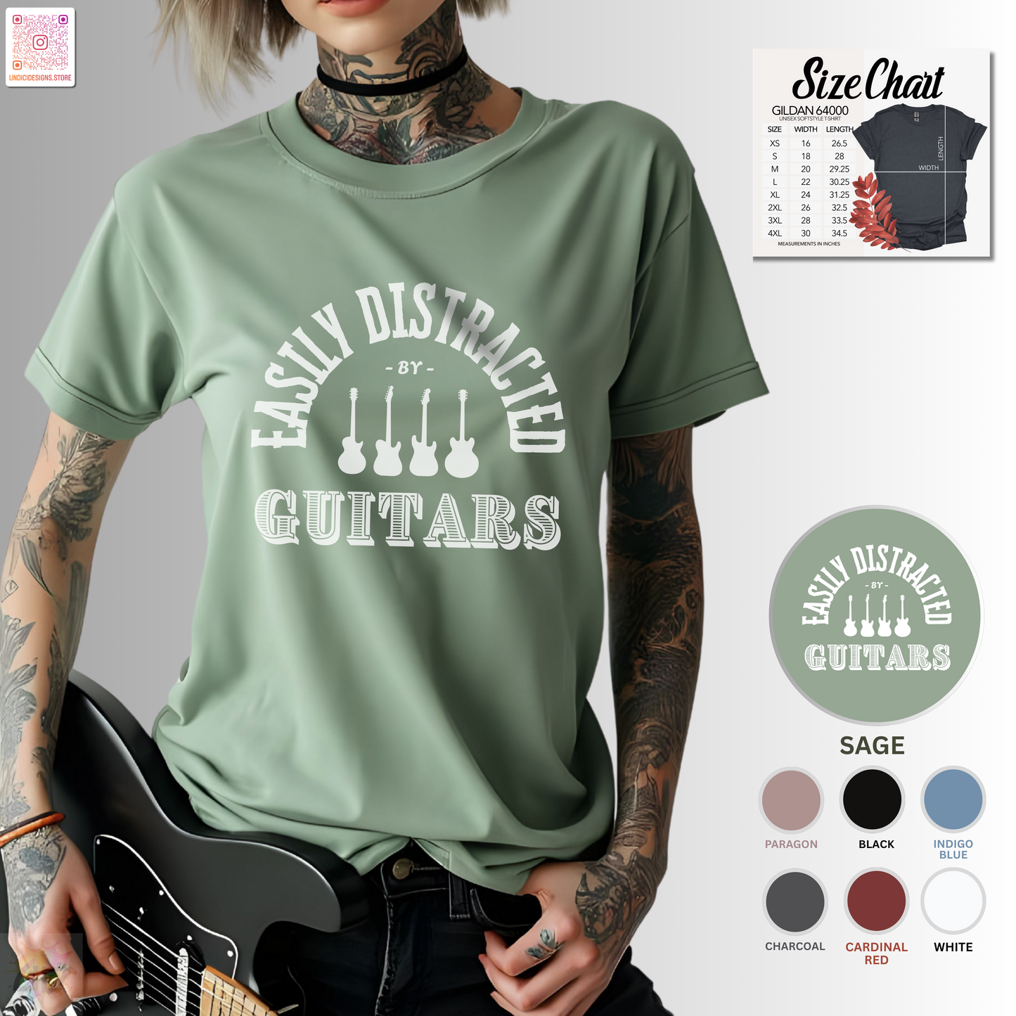 "Easily distracted by guitars" in a radius graphic tee.
