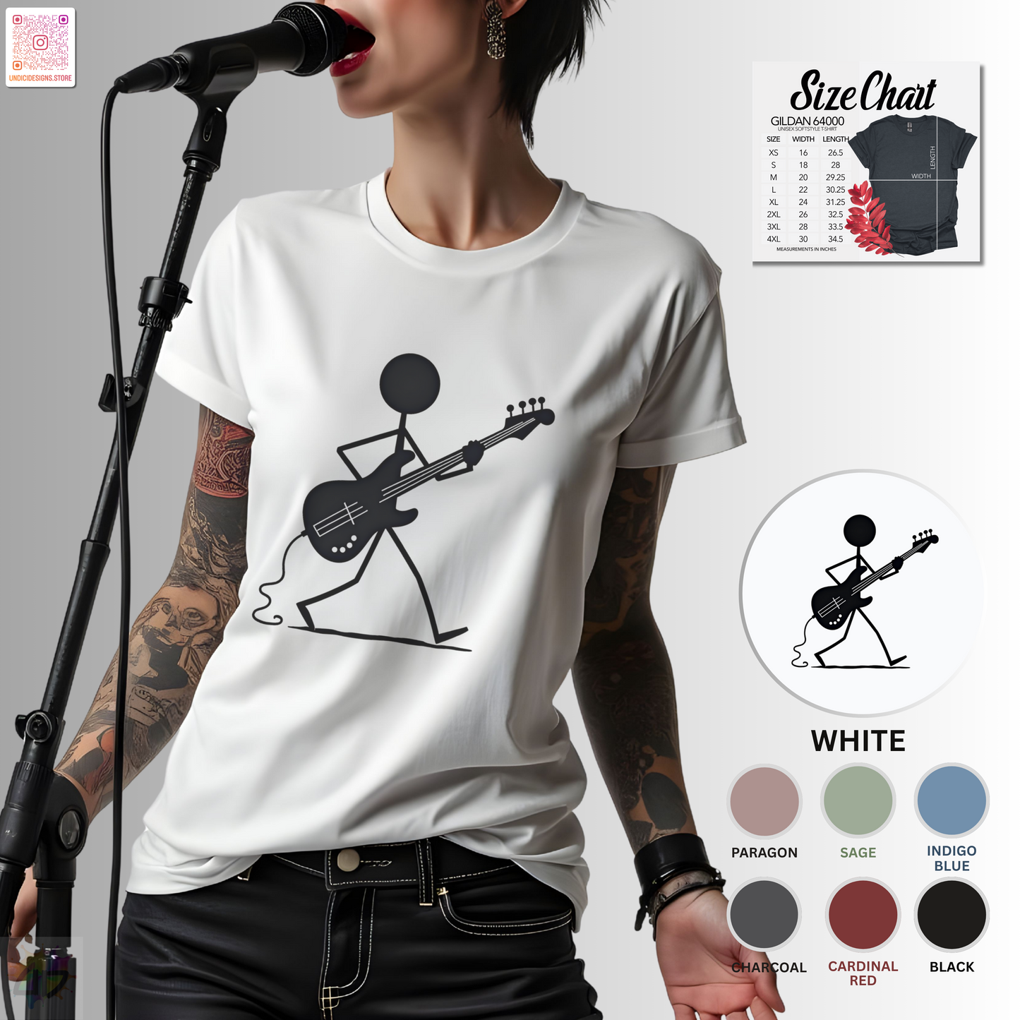 Stick figure walking and playing bass graphic tee.