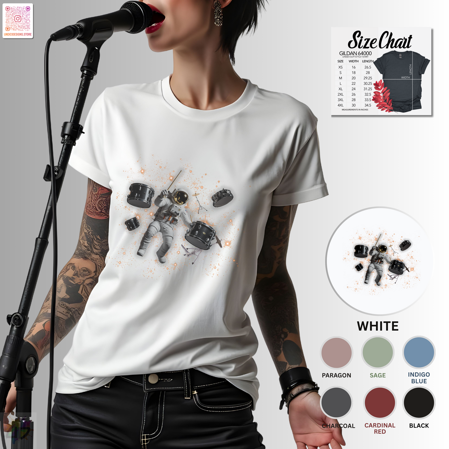 Astronaut Drummer floating in space graphic tee.