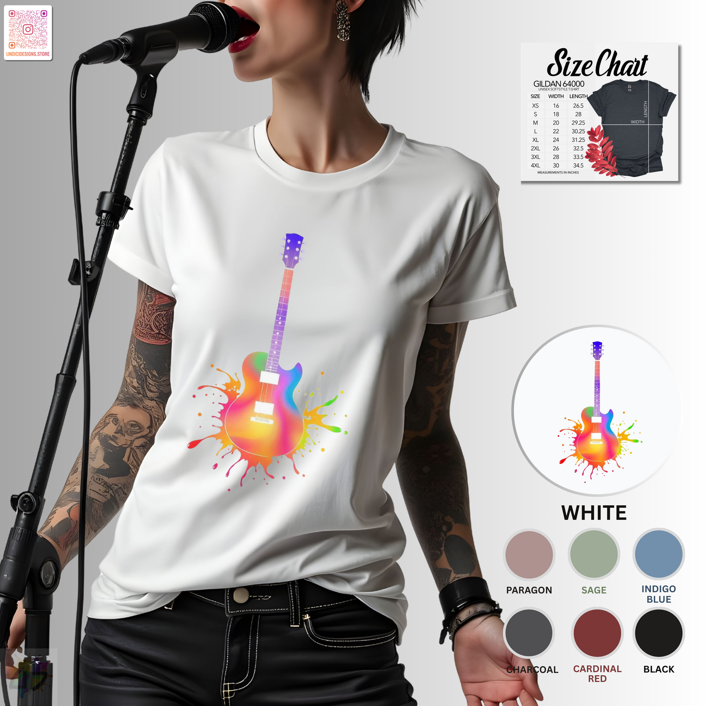 Colorful LP style electric guitar in a vibrant splash graphic tee.