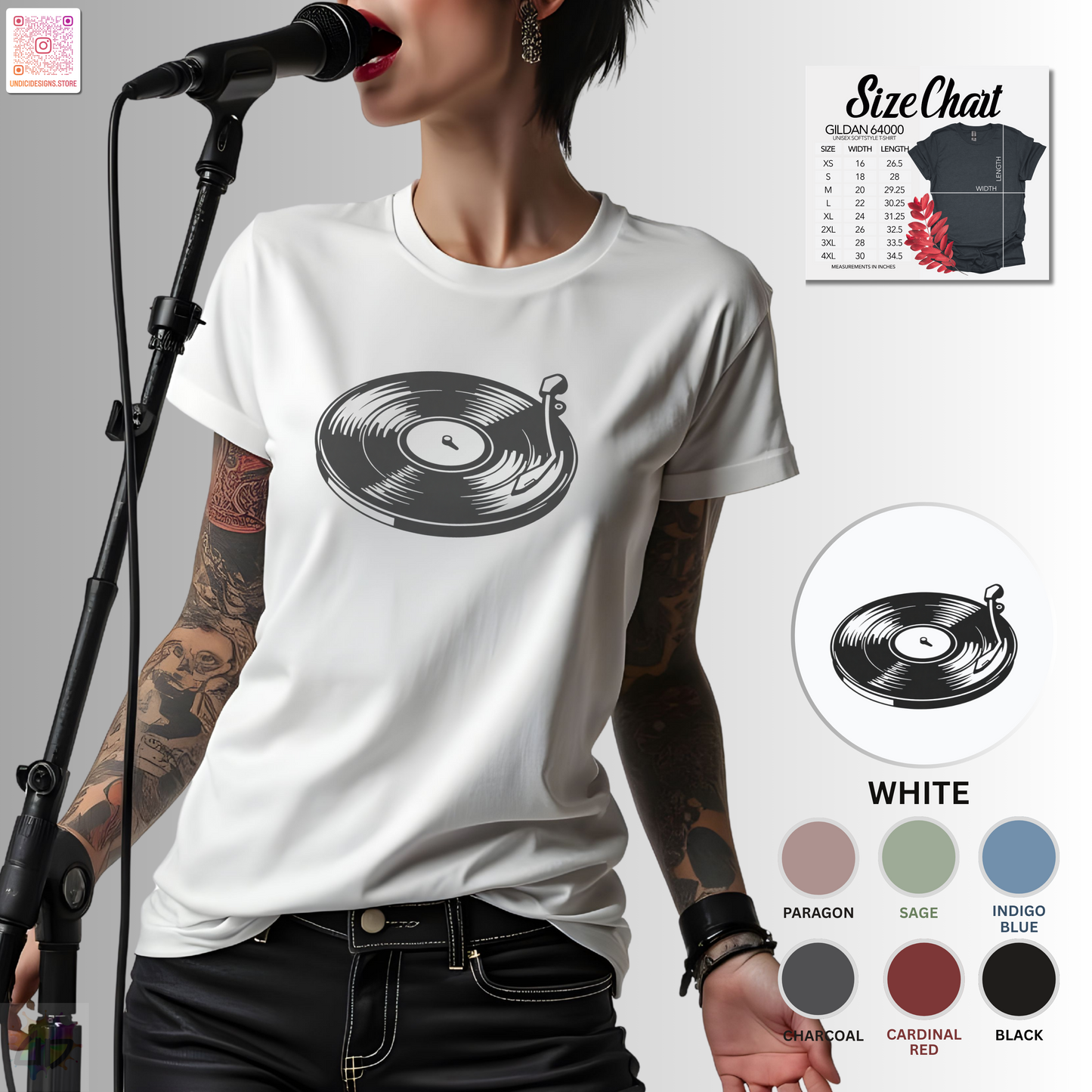 White vinyl record and needle graphic tee.