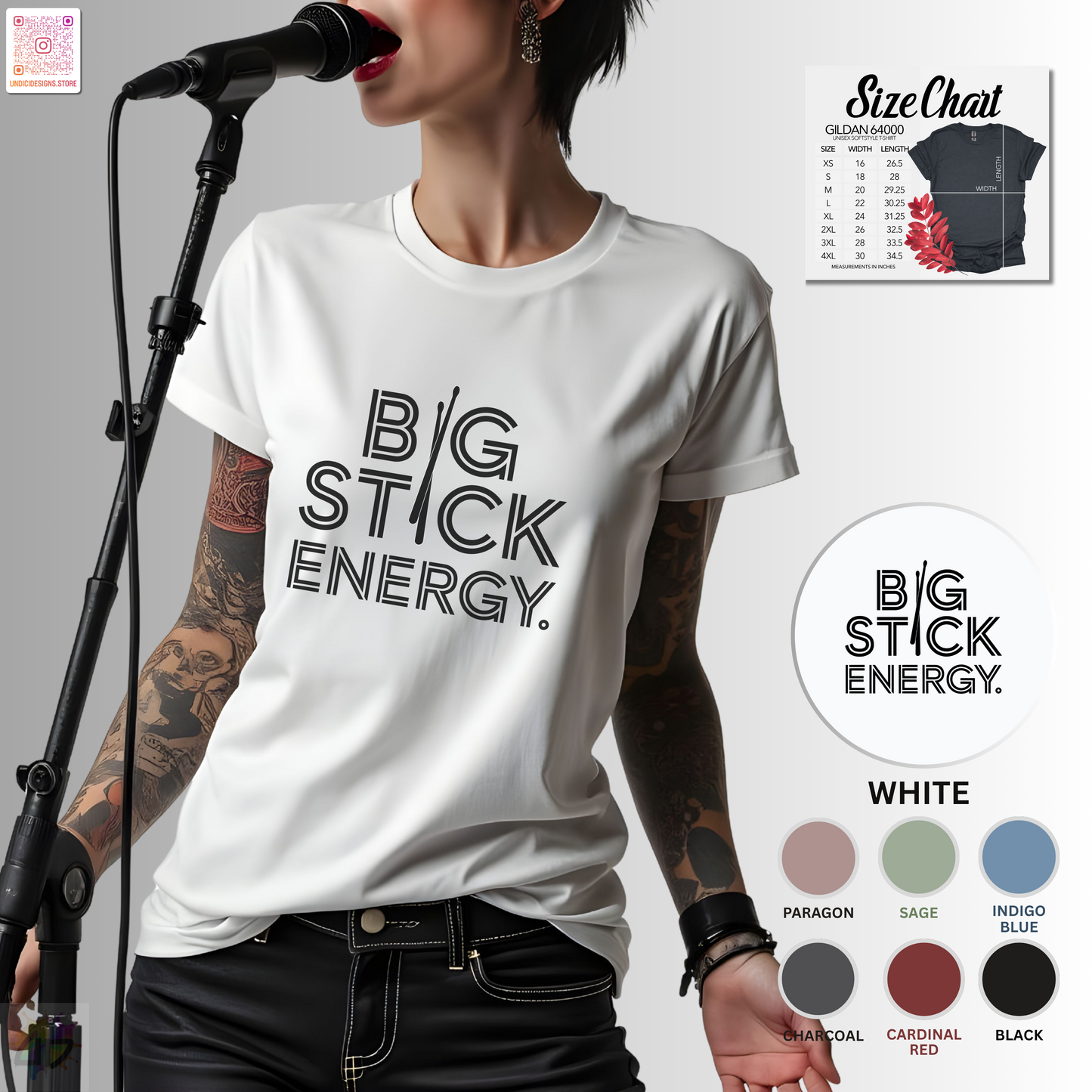"Big stick energy" with drumsticks text graphic tee.