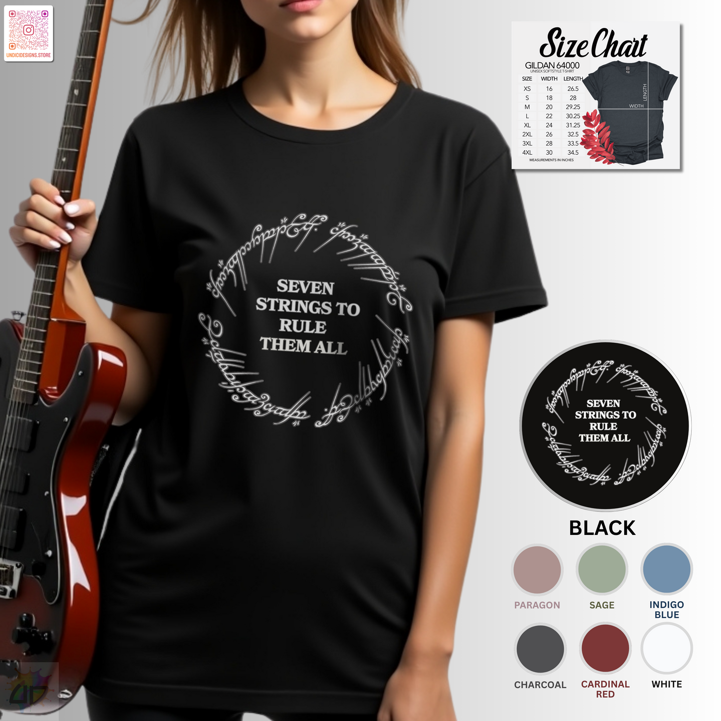 "Seven strings to rule them all" in a circular graphic tee.