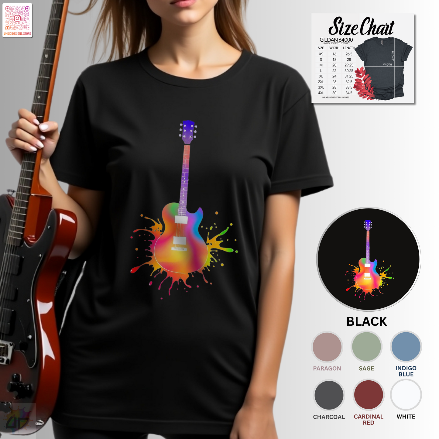 Colorful LP style electric guitar in a vibrant splash graphic tee.