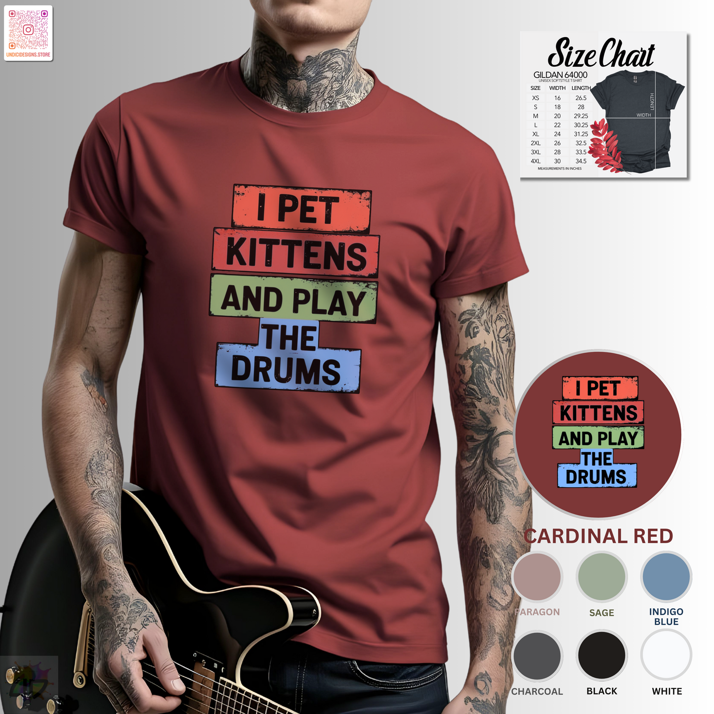 "I pet kittens and play the drums" in colorful highlights graphic tee.