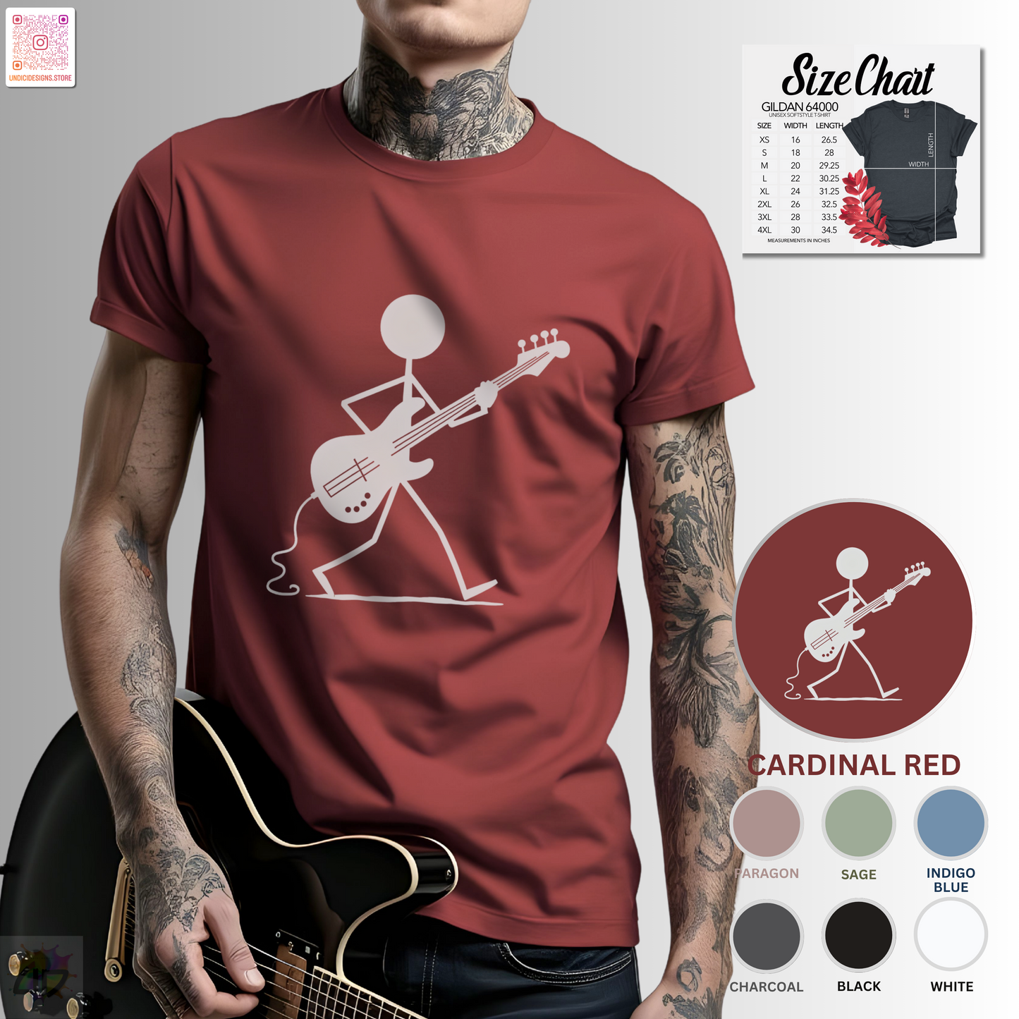 Stick figure walking and playing bass graphic tee.
