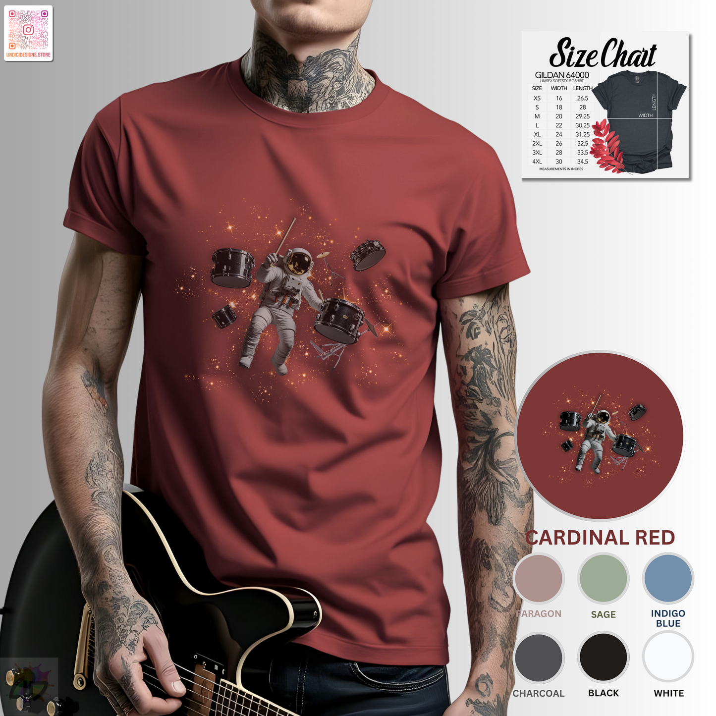 Astronaut Drummer floating in space graphic tee.