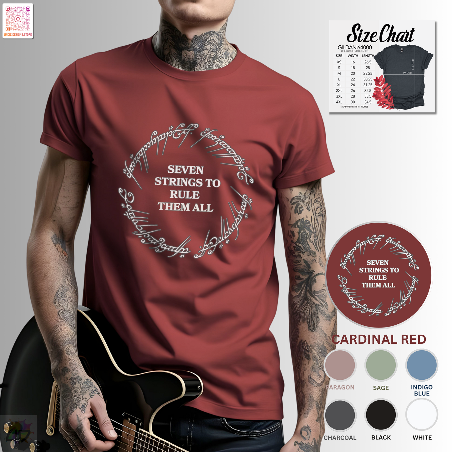 "Seven strings to rule them all" in a circular graphic tee.