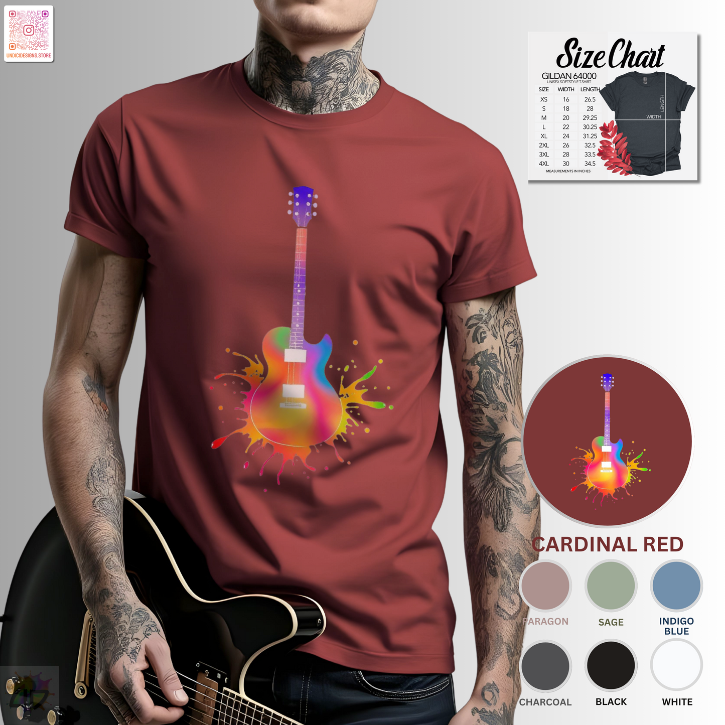 Colorful LP style electric guitar in a vibrant splash graphic tee.