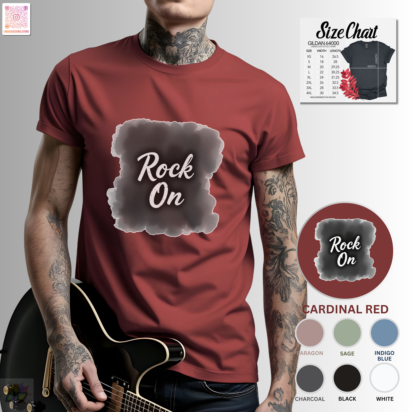 "Rock On" on burnt paper graphic tee.