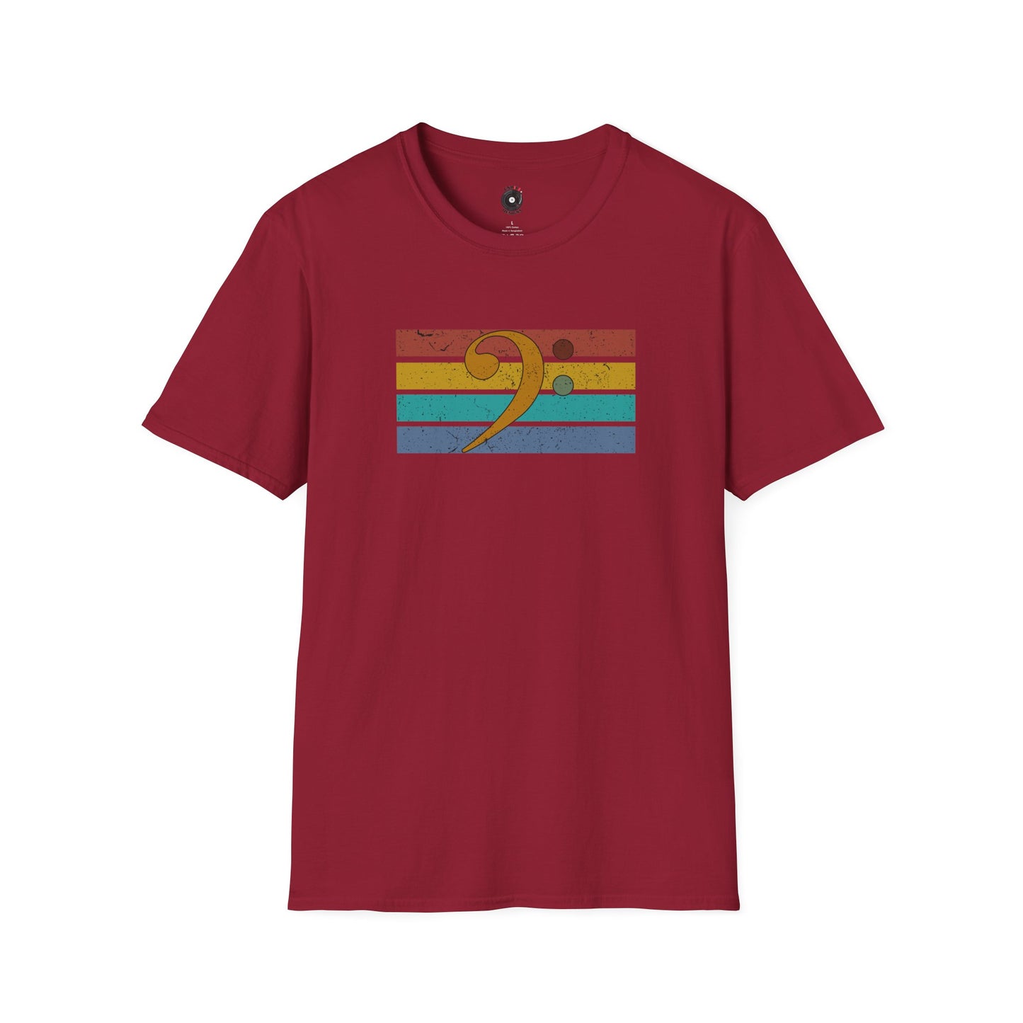 Multi-Colored Bass Clef on a Retro-Sunset Graphic Tee.
