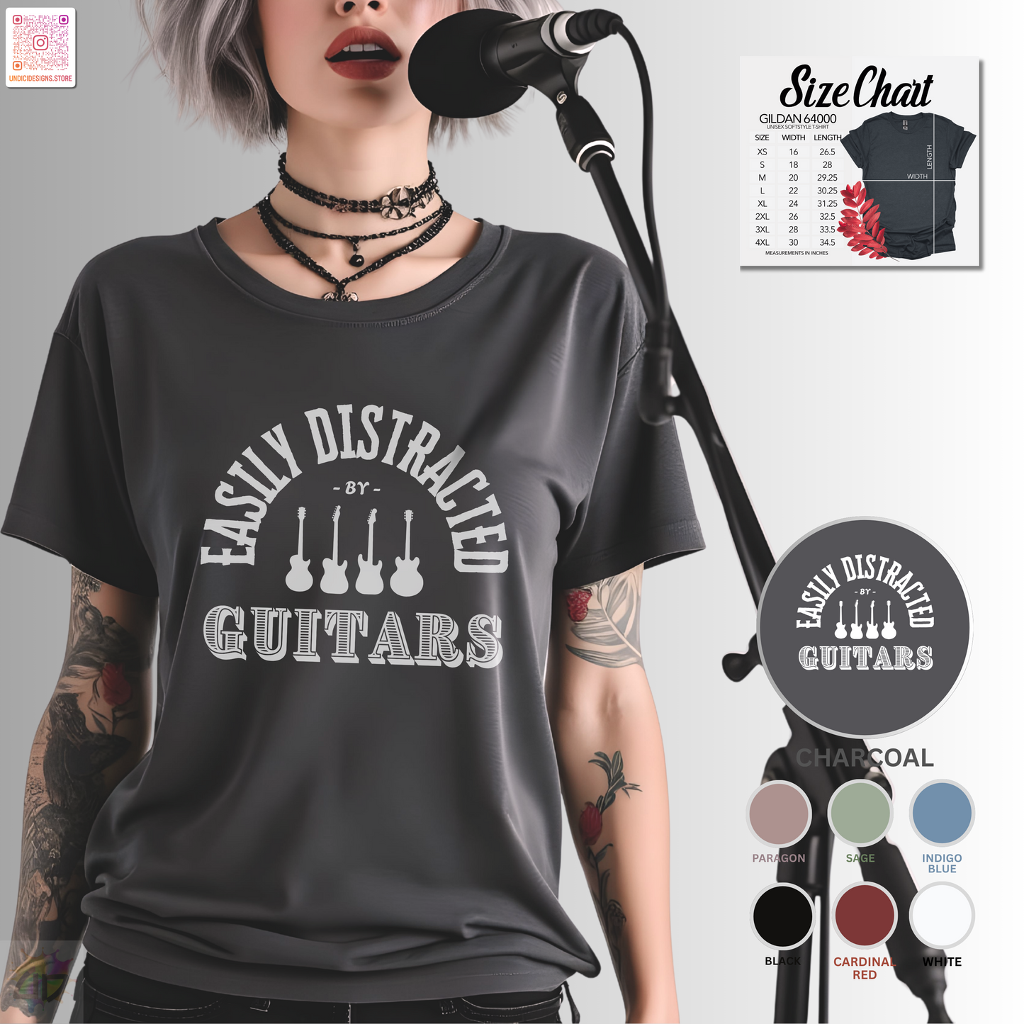 "Easily distracted by guitars" in a radius graphic tee.
