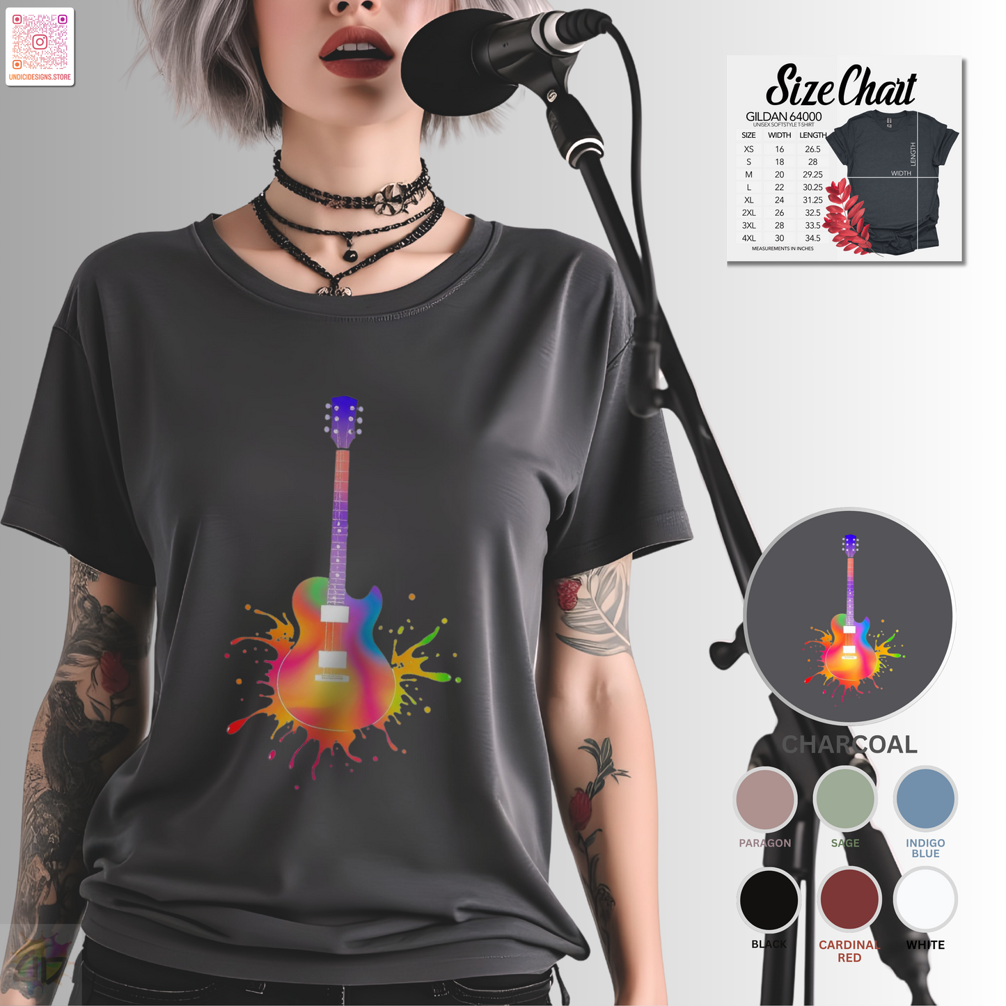 Colorful LP style electric guitar in a vibrant splash graphic tee.