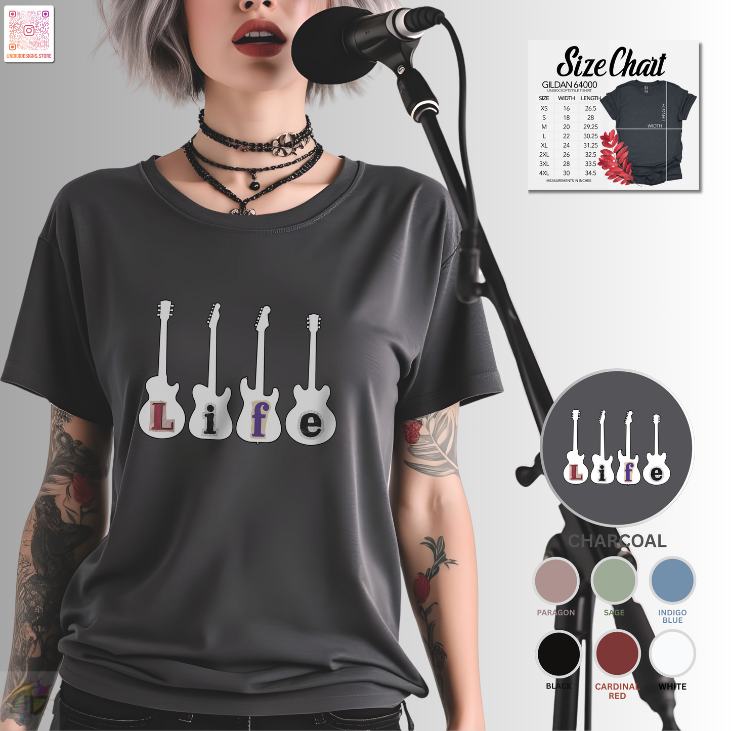 "Life" in four white guitar silhouettes graphic tee.