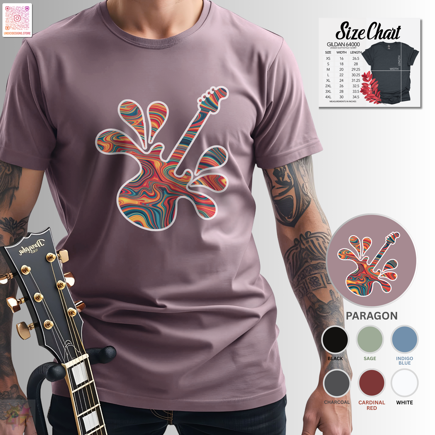 Tie-dye guitar in a vibrant splash graphic tee.