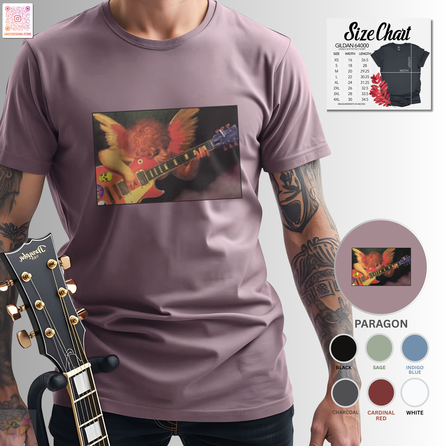 Cherub playing a guitar graphic tee.