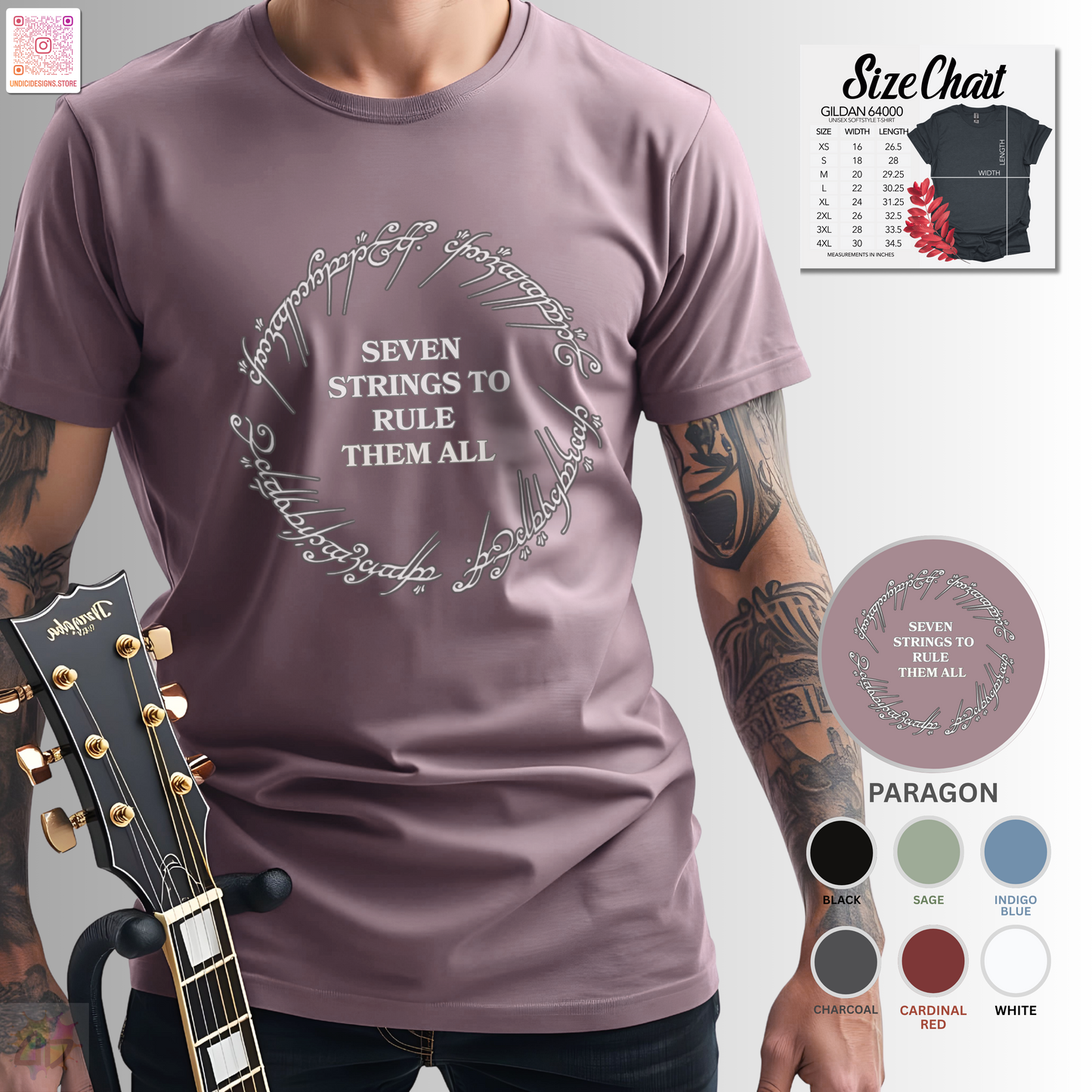 "Seven strings to rule them all" in a circular graphic tee.