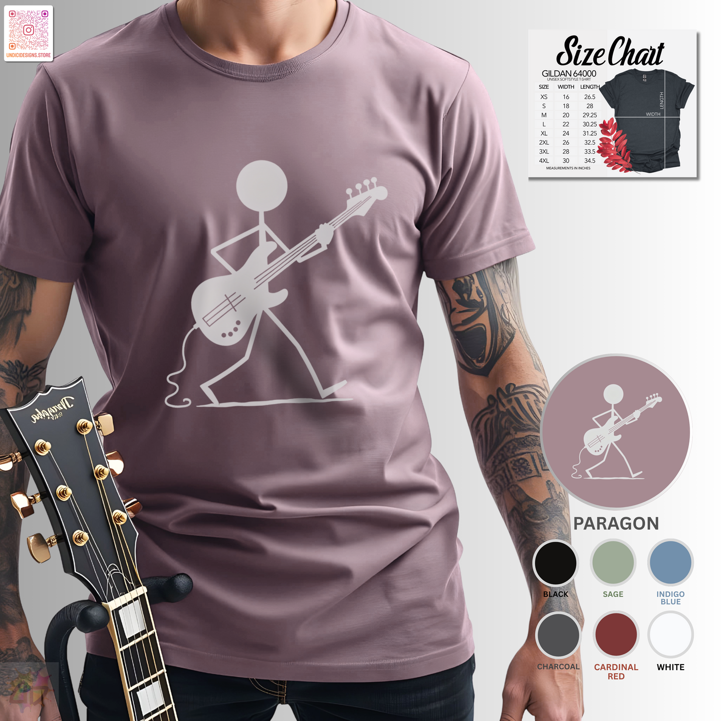 Stick figure walking and playing bass graphic tee.
