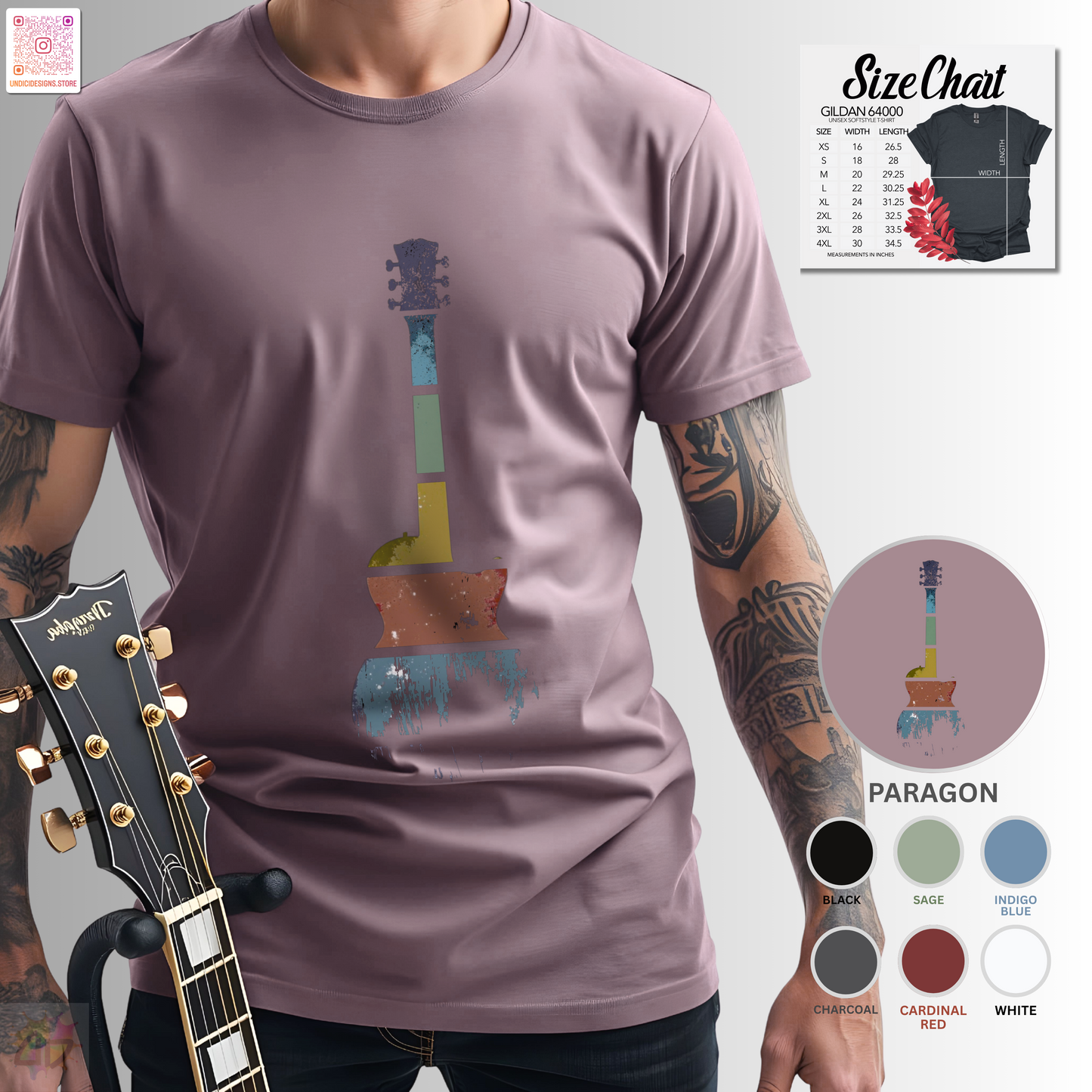 Retro sunset grunge style guitar silhouette graphic tee.