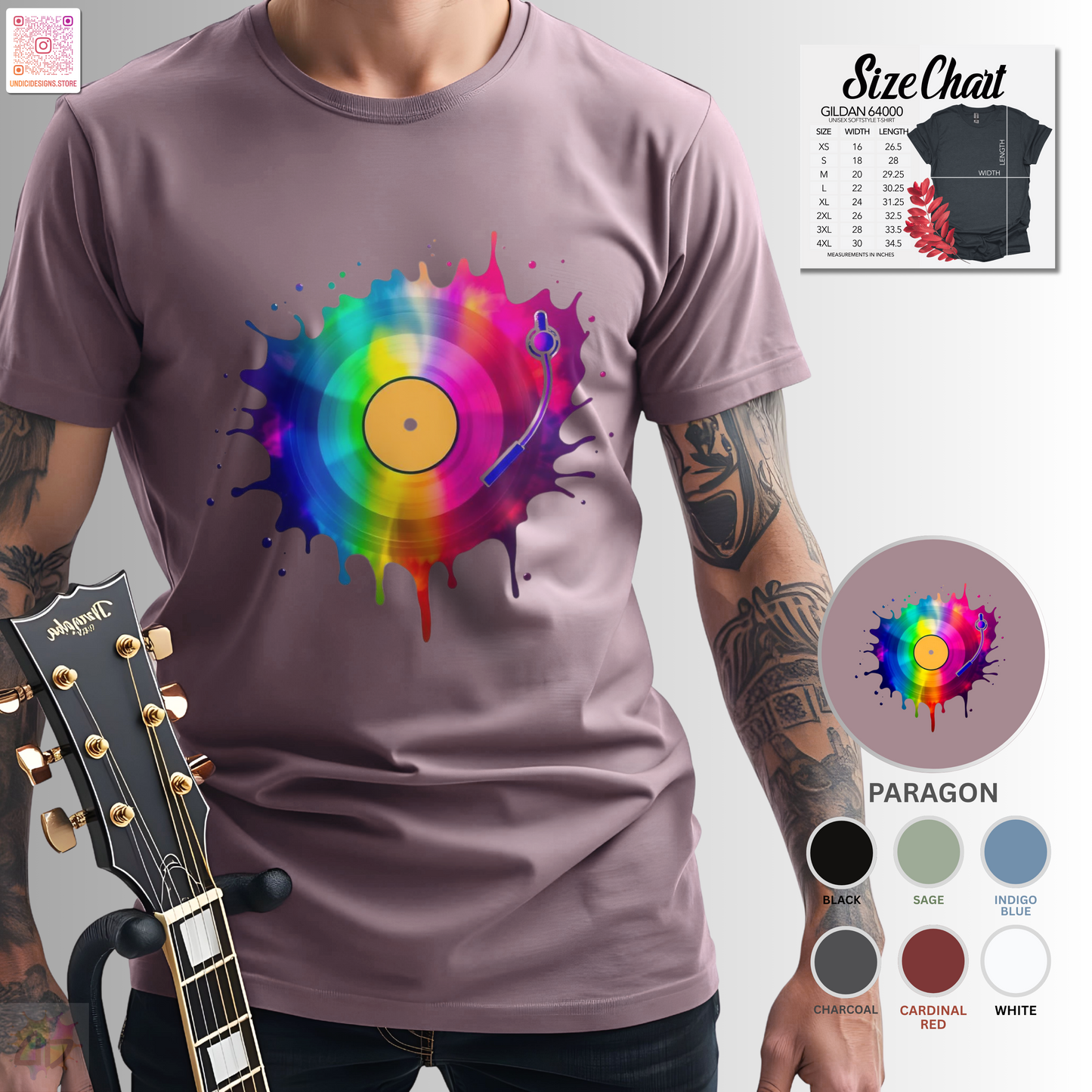 Colorful vinyl record in a multi-colored splash graphic tee.