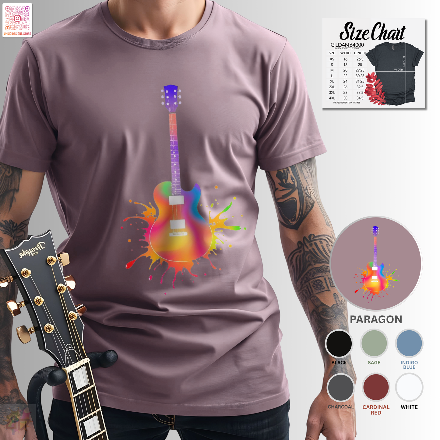 Colorful LP style electric guitar in a vibrant splash graphic tee.