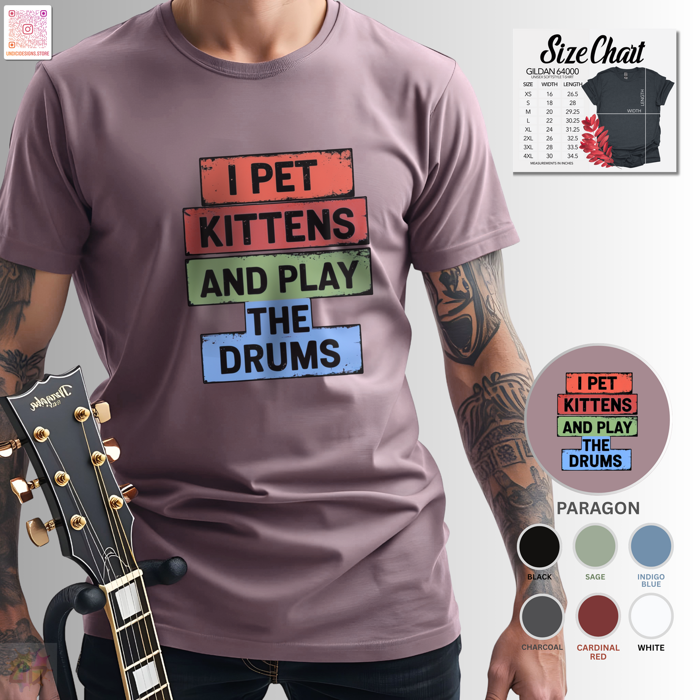 "I pet kittens and play the drums" in colorful highlights graphic tee.