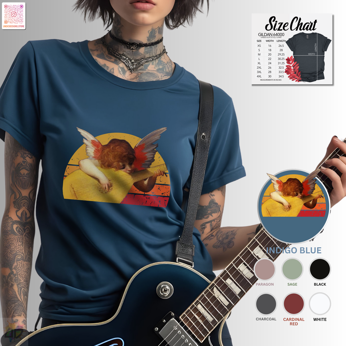 Cherub playing guitar in circular retro sunset graphic tee.