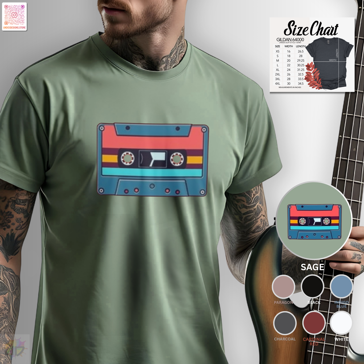 Retro red and blue cassette tape graphic tee.
