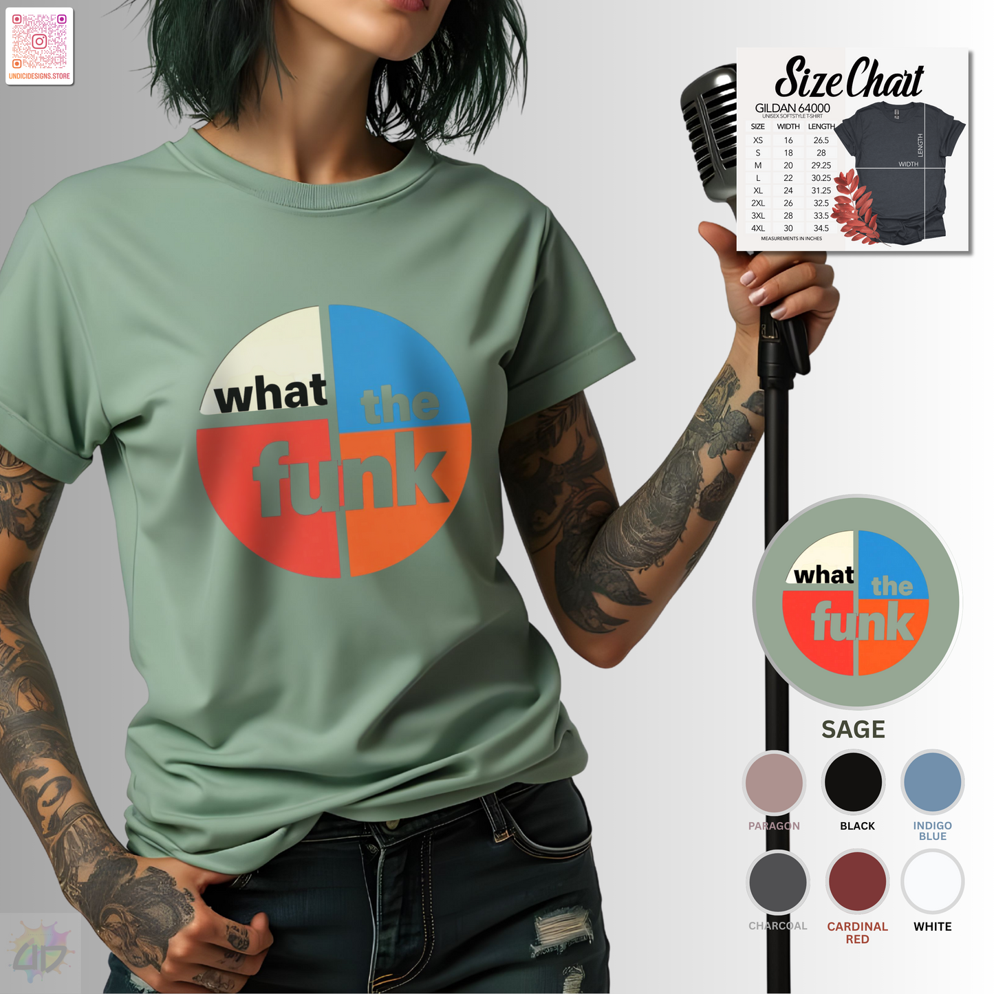 "What the funk" in a retro circle graphic tee.