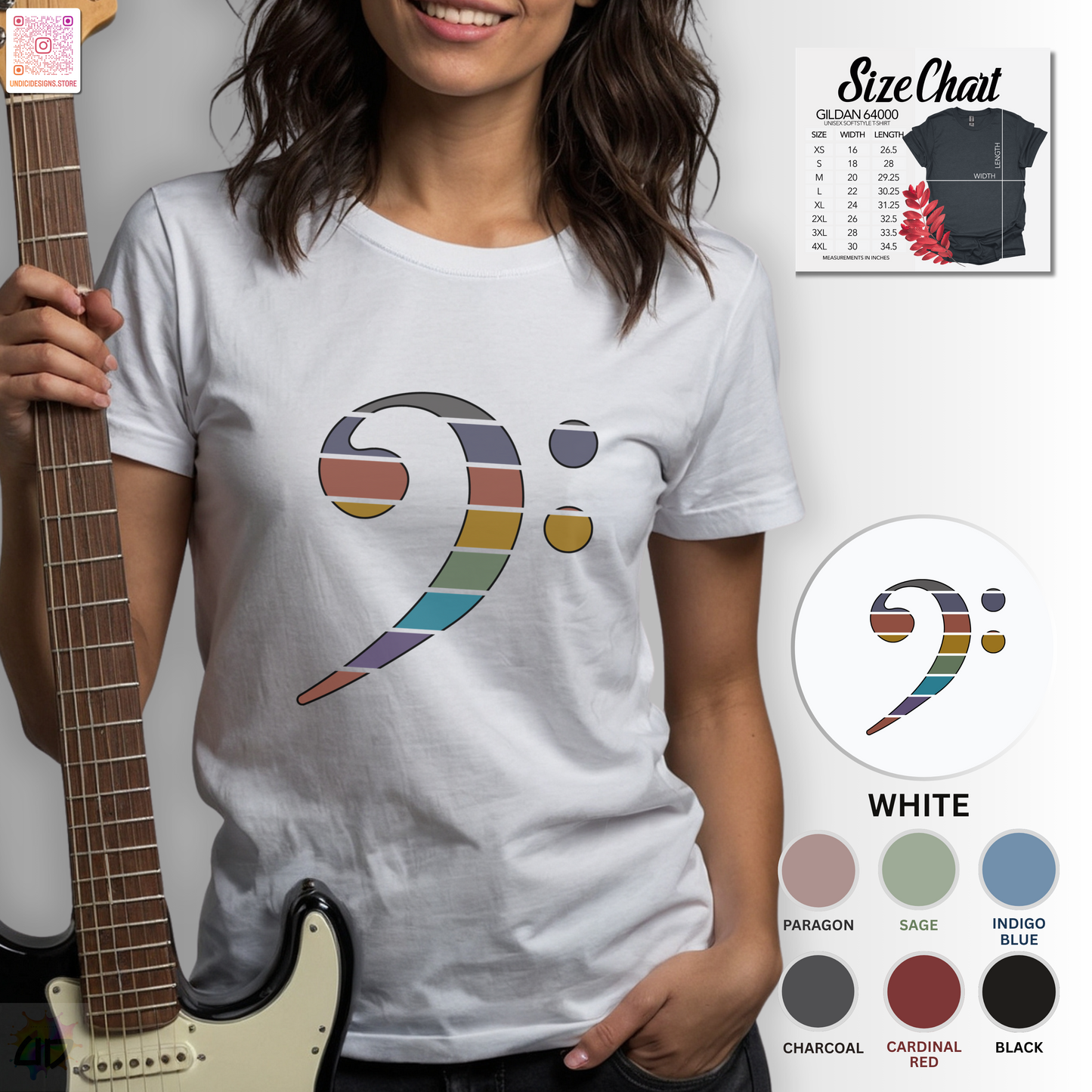 Retro sunset-colored bass clef graphic tee.