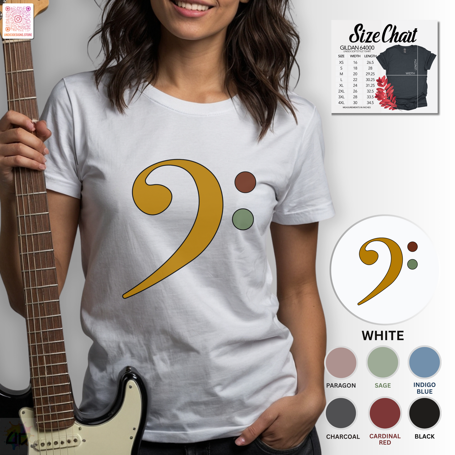 Multi-colored bass clef graphic tee.