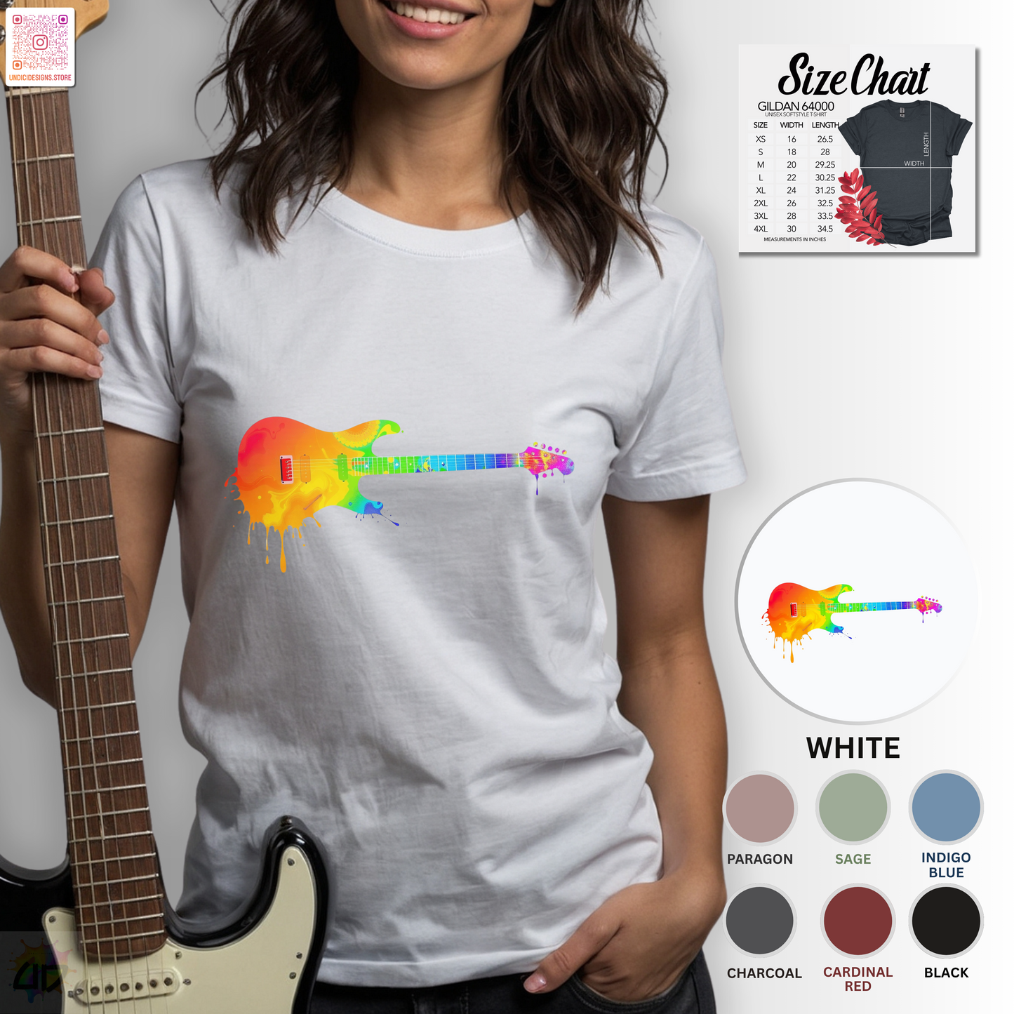 Vibrant guitar dripping colorfully graphic tee.