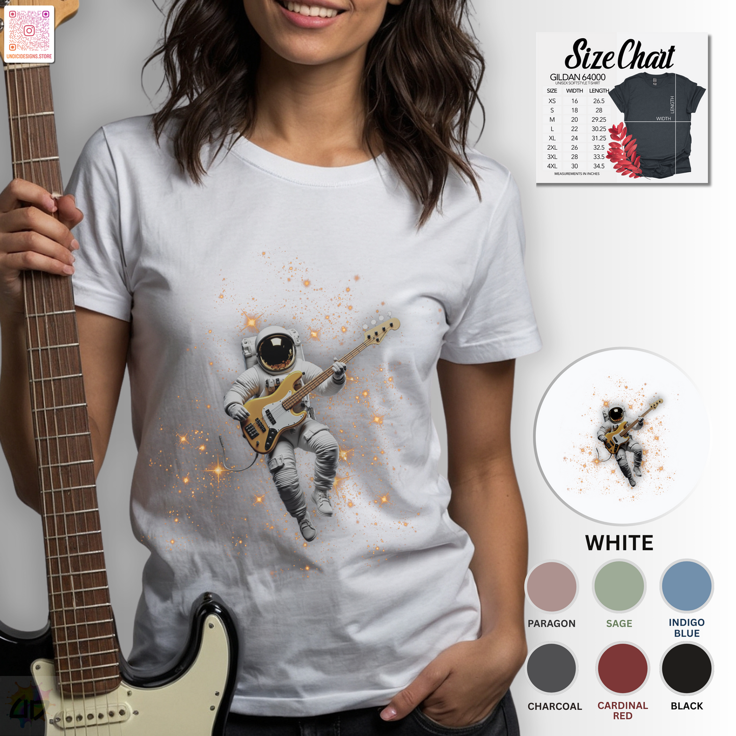 Astronaut playing bass in space graphic tee.