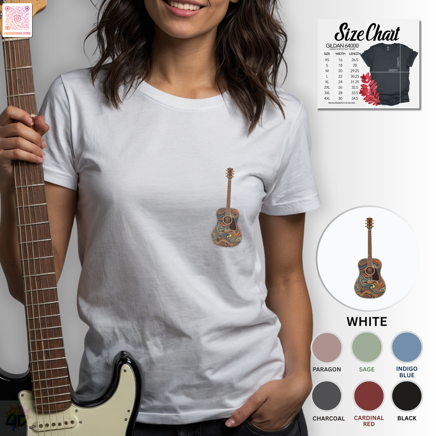 Psychedelic acoustic guitar pocket graphic tee.