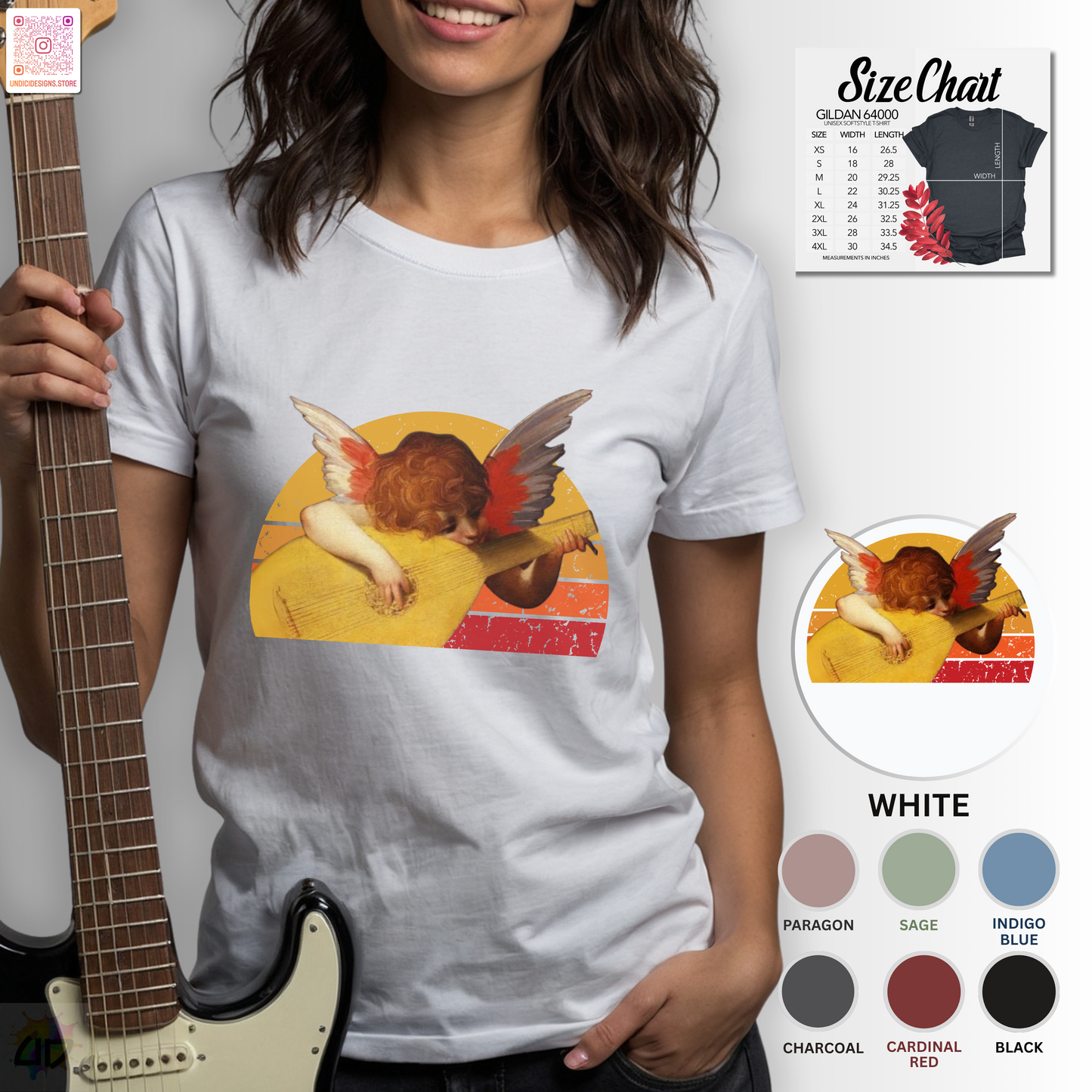 Cherub playing guitar in circular retro sunset graphic tee.