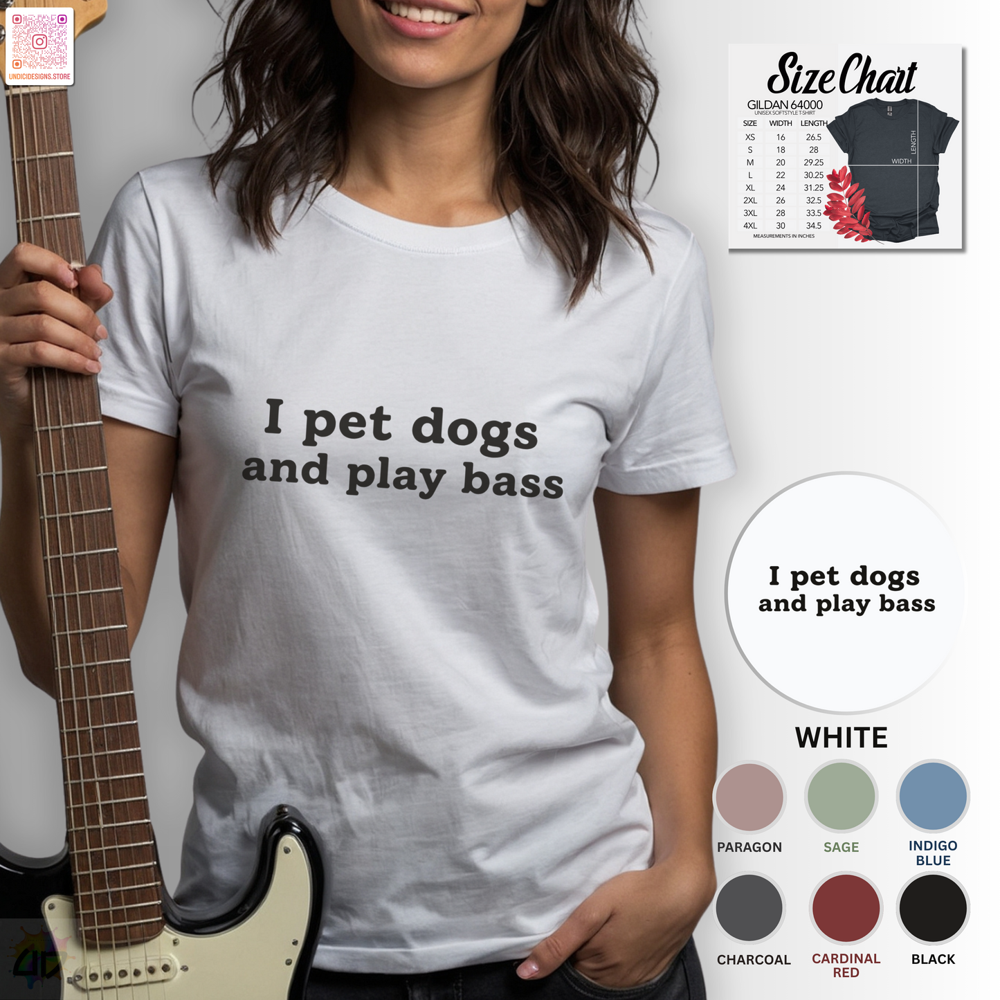 "I pet dogs and play bass" text graphic tee.