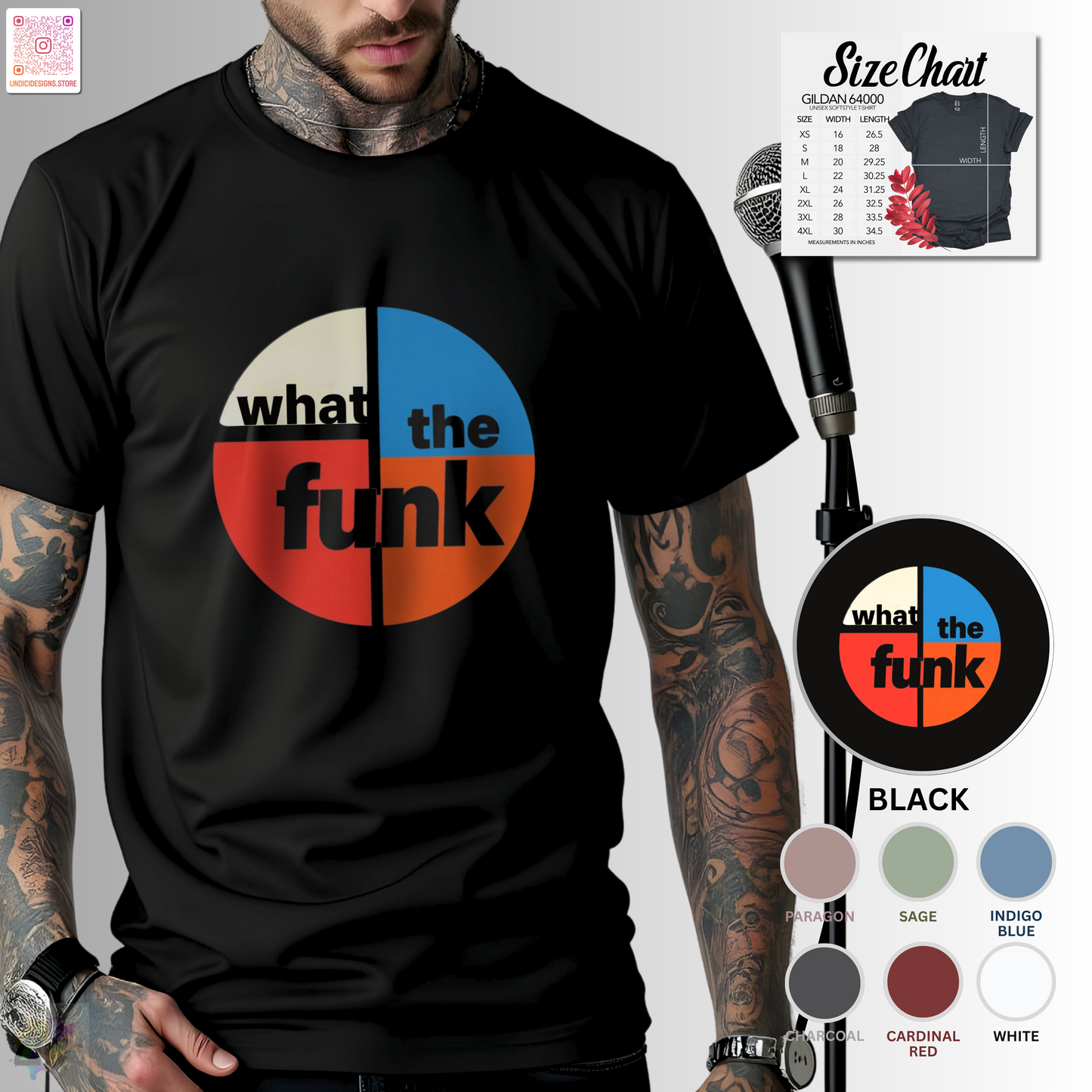 "What the funk" in a retro circle graphic tee.