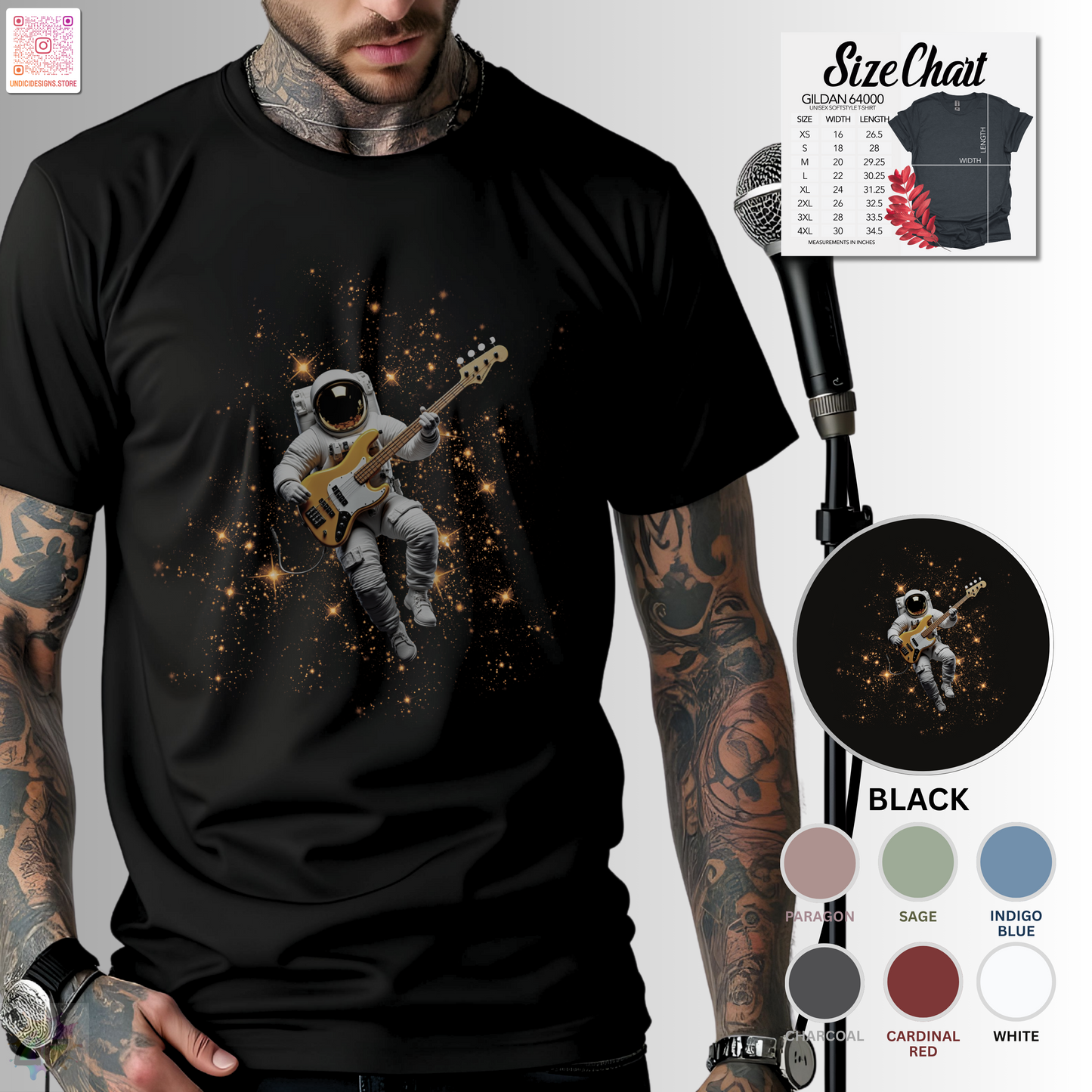 Astronaut playing bass in space graphic tee.