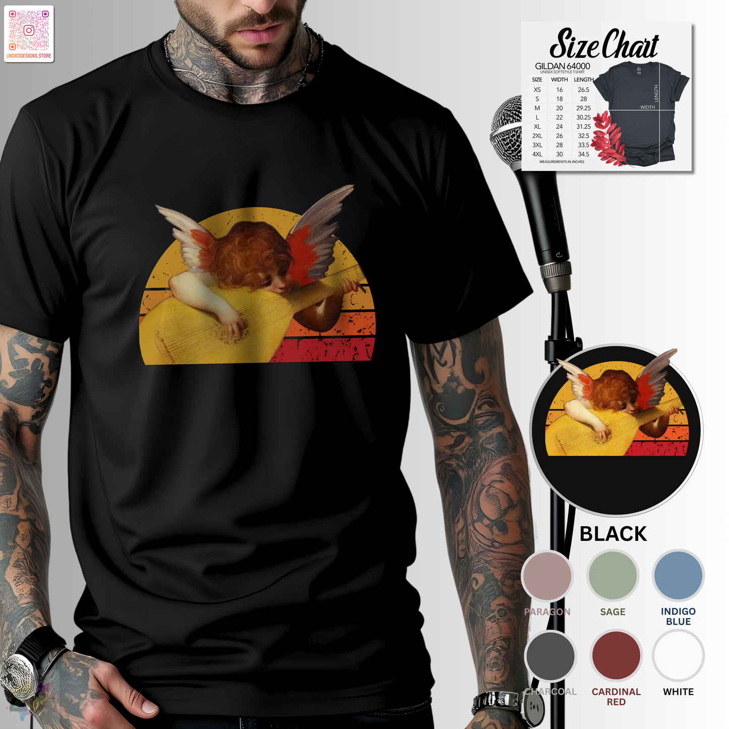 Cherub playing guitar in circular retro sunset graphic tee.