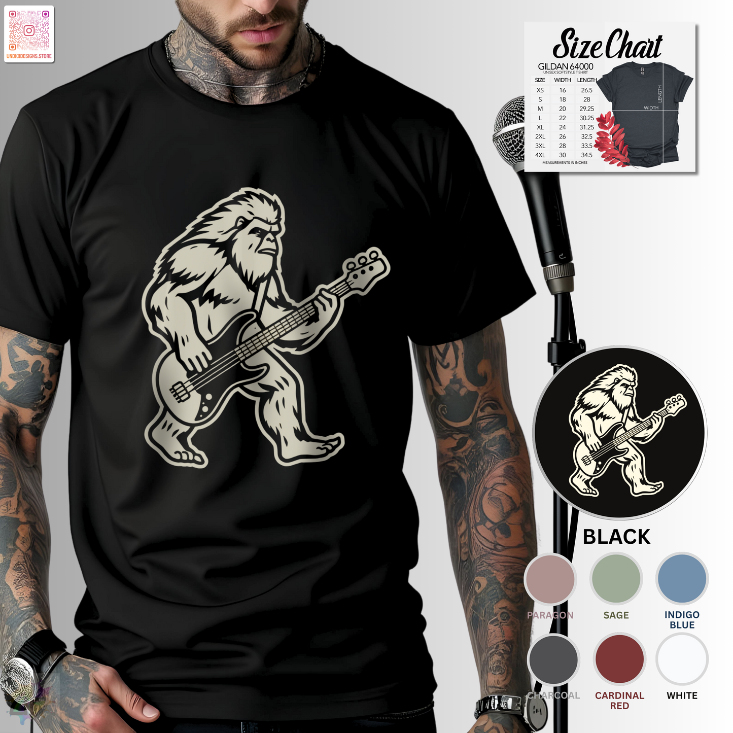 Yeti silhouette with Bass guitar in a cream-colored graphic tee.