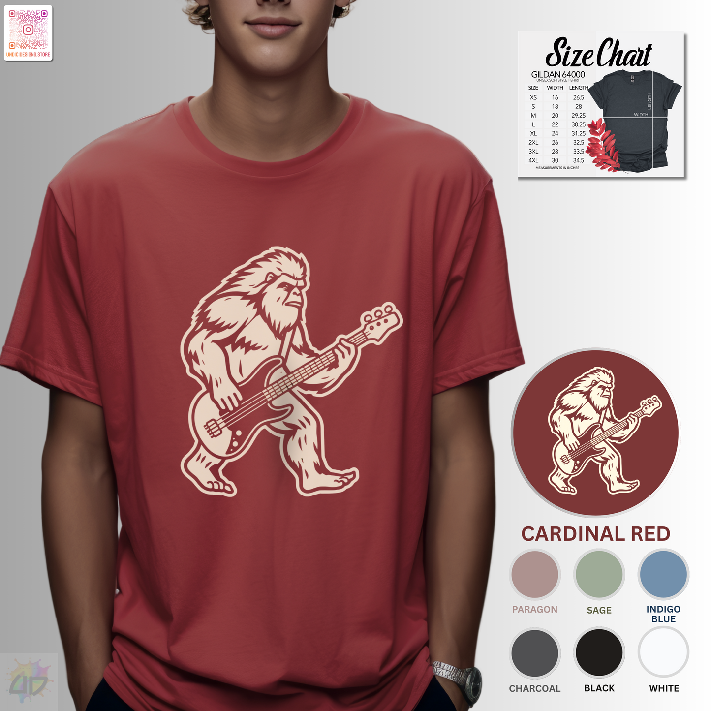 Yeti silhouette with Bass guitar in a cream-colored graphic tee.