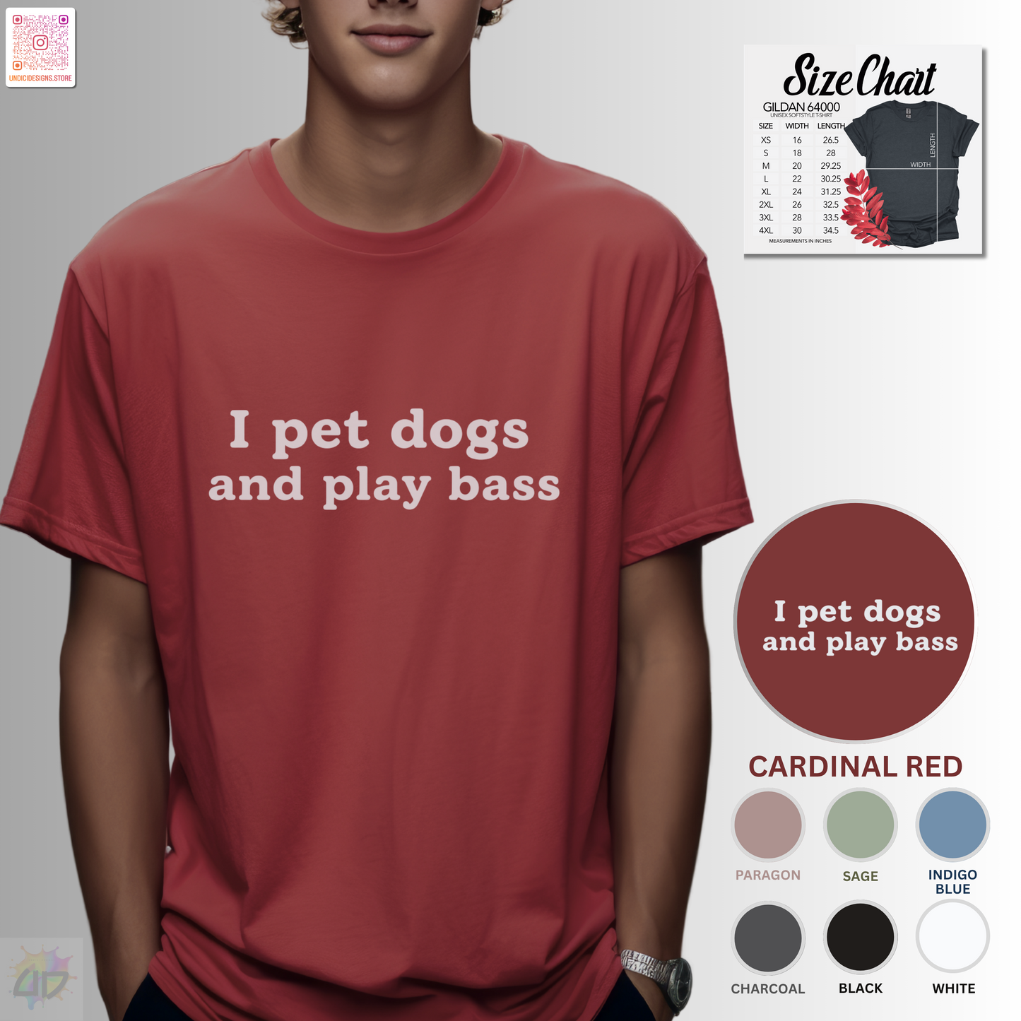 "I pet dogs and play bass" text graphic