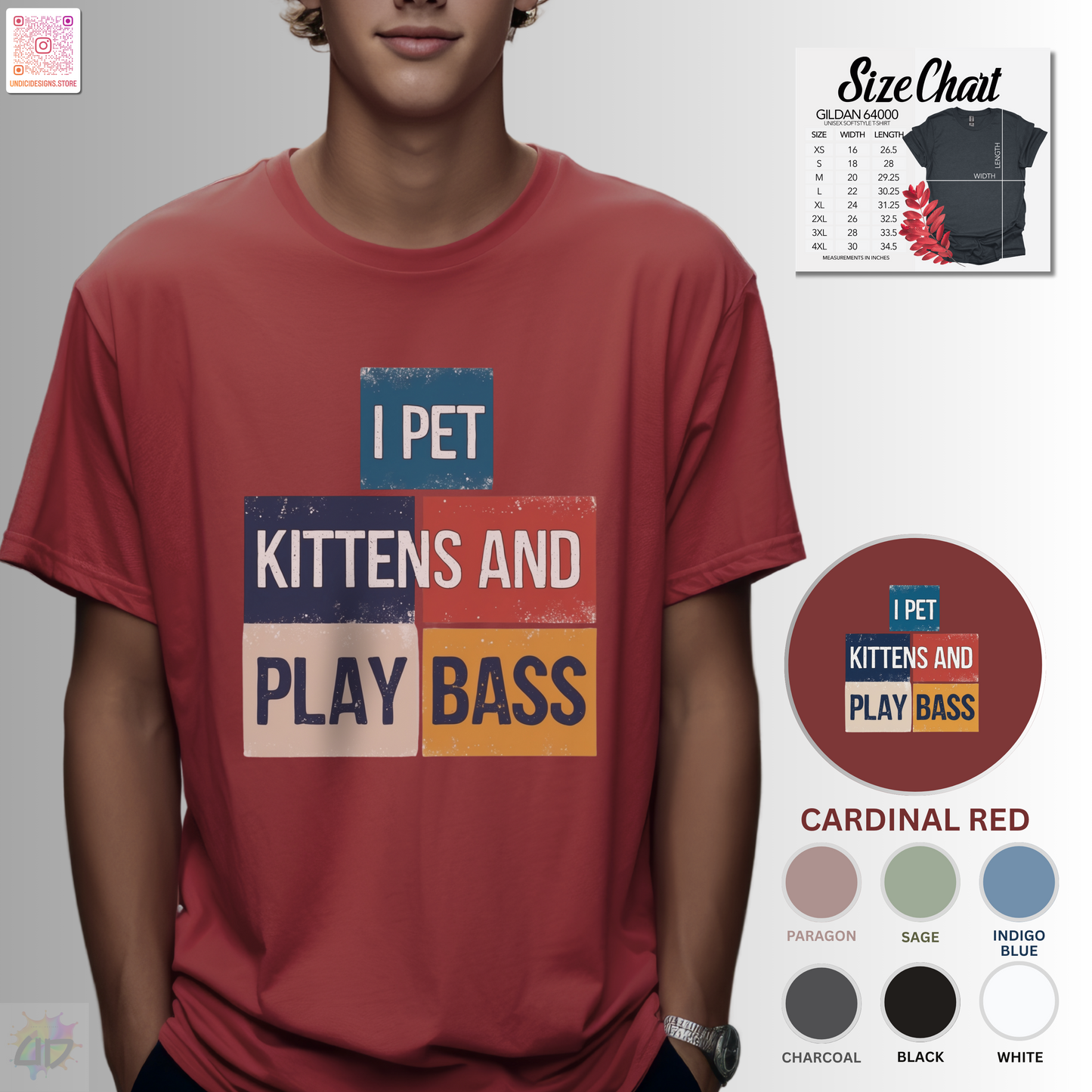 "I pet kittens and play bass" in colorful highlights graphic tee.