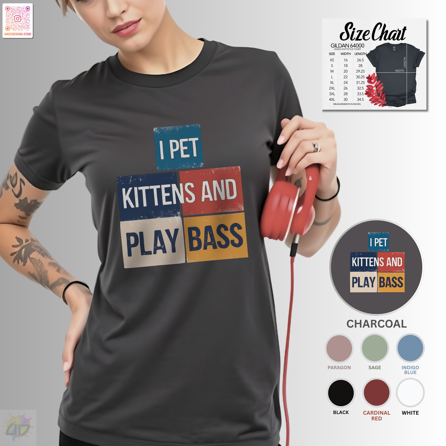 "I pet kittens and play bass" in colorful highlights graphic tee.